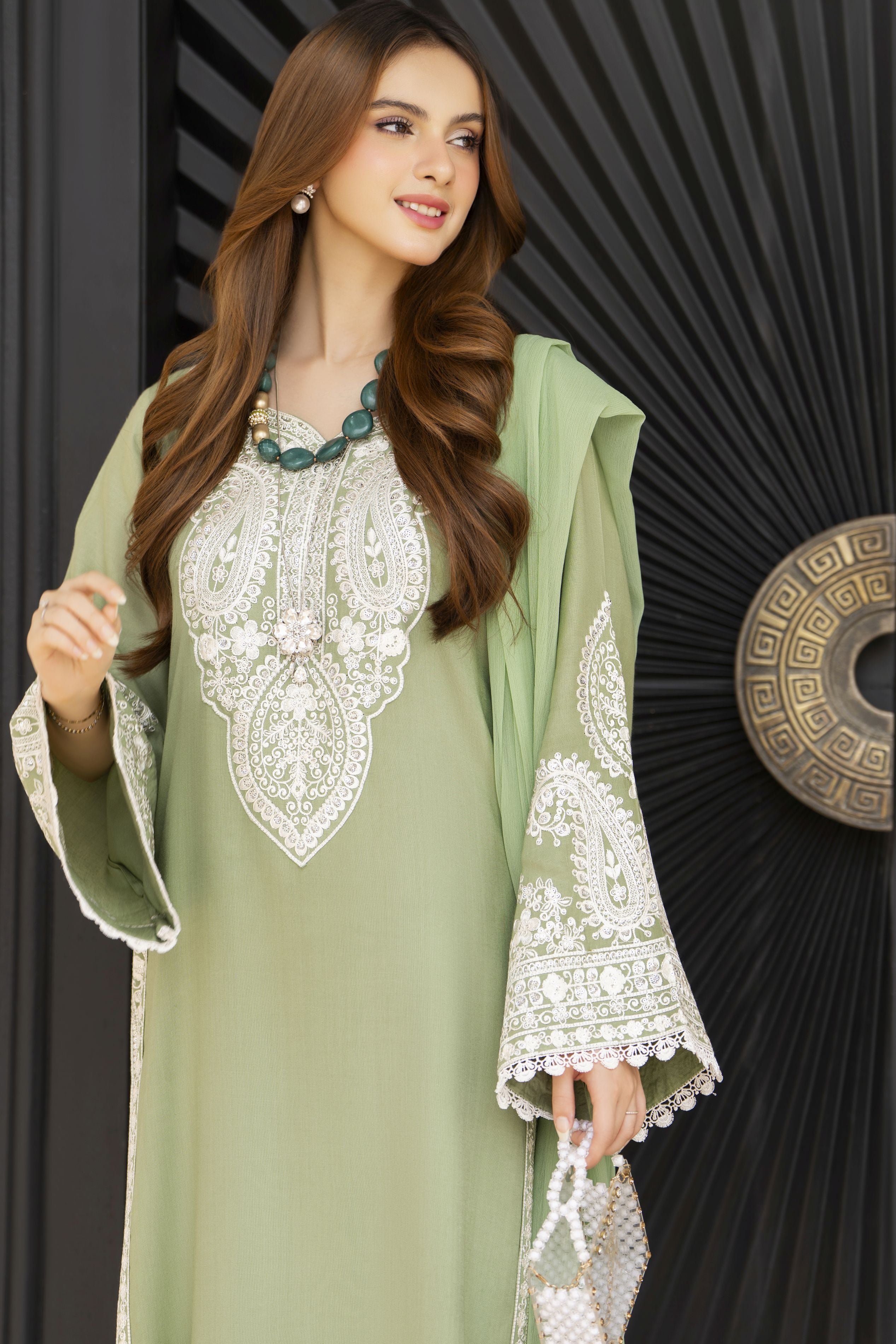 Pistachio Green Embroidered 3pc Linen Dress – Linen Aura by Miski LAM8