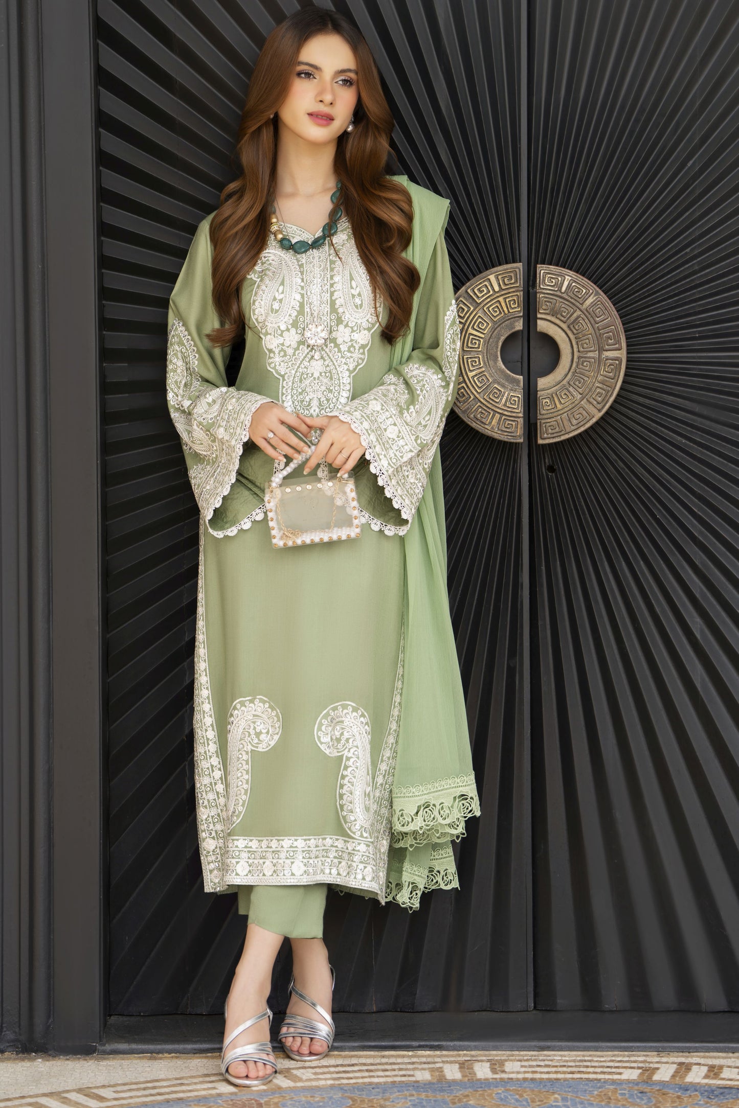 Pistachio Green Embroidered 3pc Linen Dress – Linen Aura by Miski LAM8