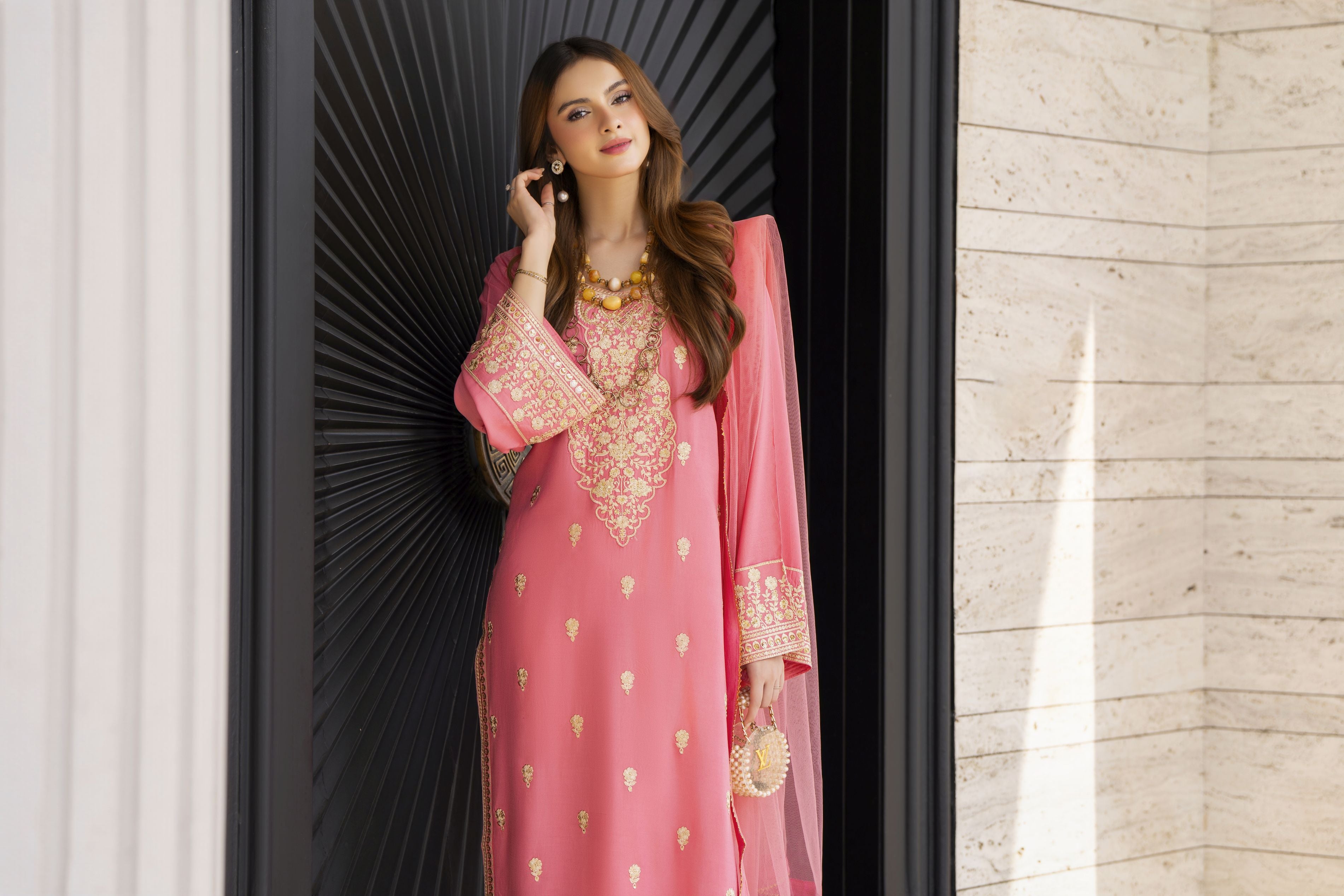 Peach Embroidered 3pc Linen Dress with Net Dupatta – Linen Aura by Miski LAM2