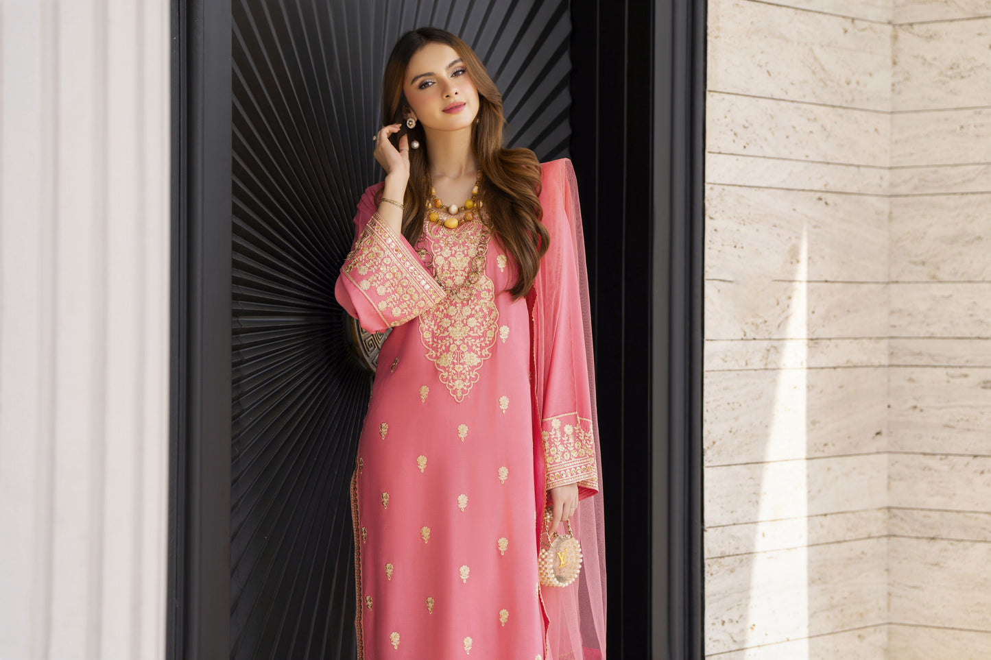 Peach Embroidered 3pc Linen Dress with Net Dupatta – Linen Aura by Miski LAM2