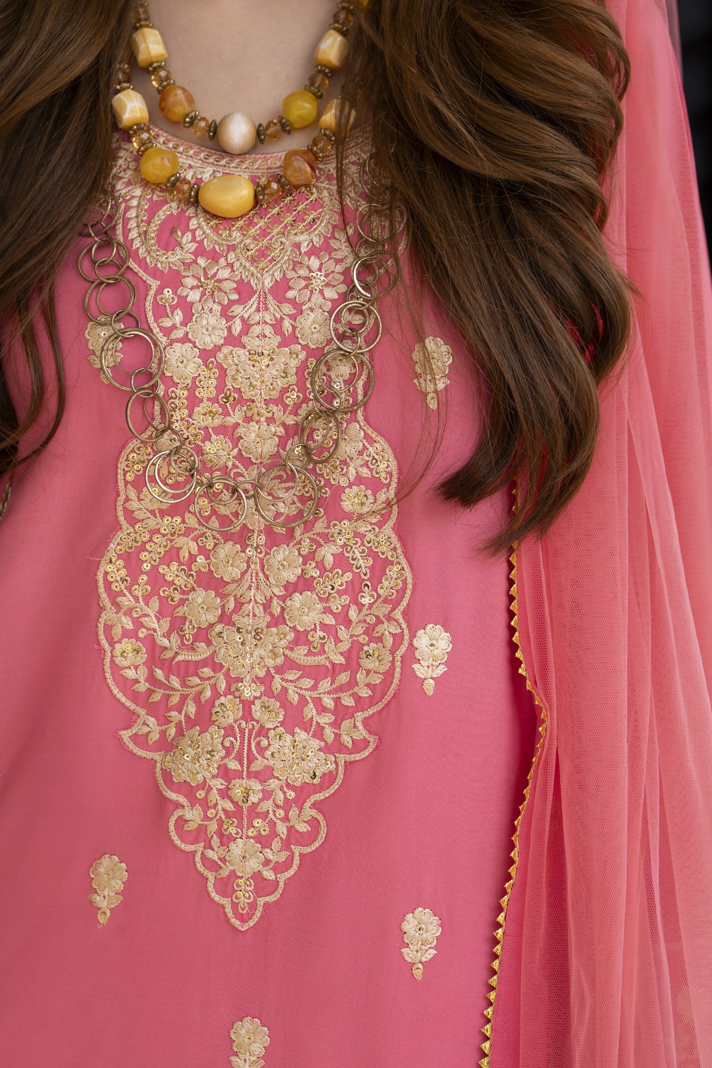 Peach Embroidered 3pc Linen Dress with Net Dupatta – Linen Aura by Miski LAM2