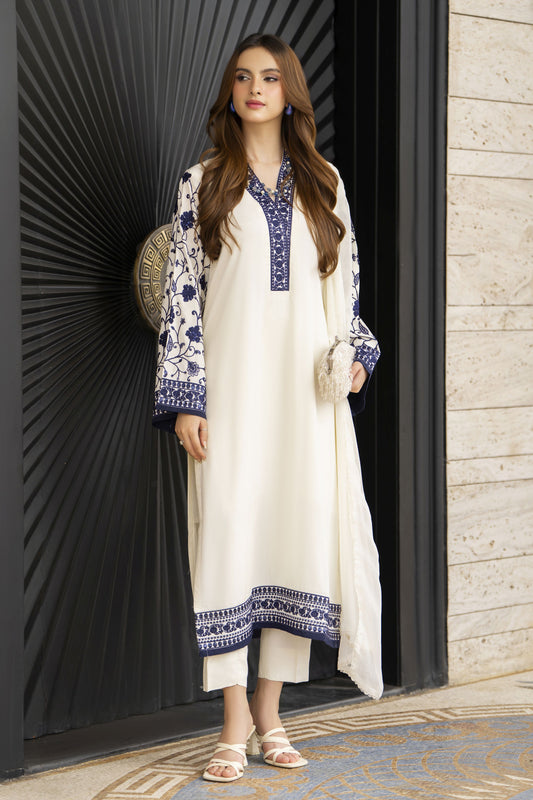 Ivory Blue Embroidered 3pc Linen Pakistani Dress – Linen Aura by Miski LAM6