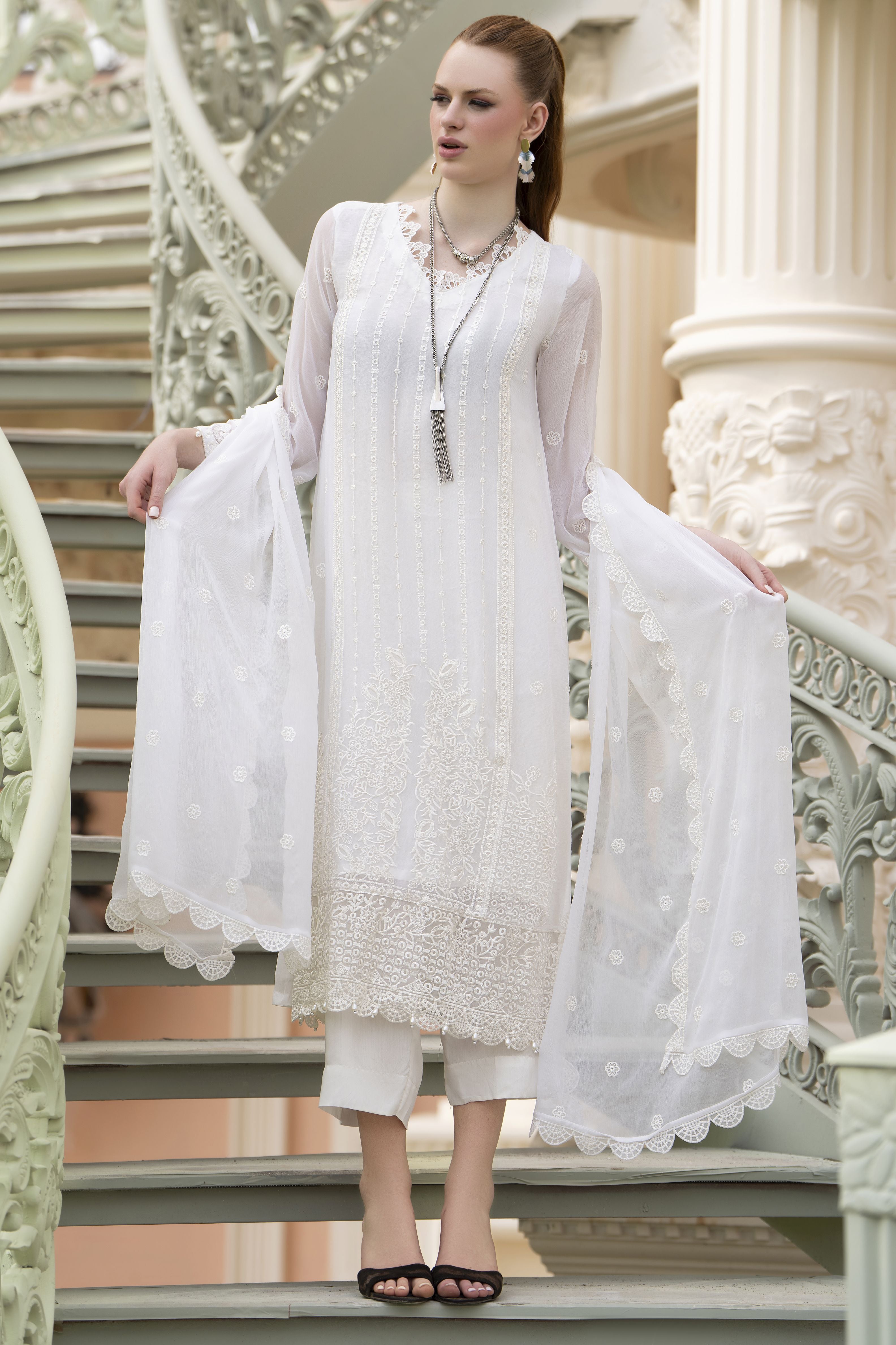 Zaina 3pc Embroidered White Chiffon Suit – ZNC10