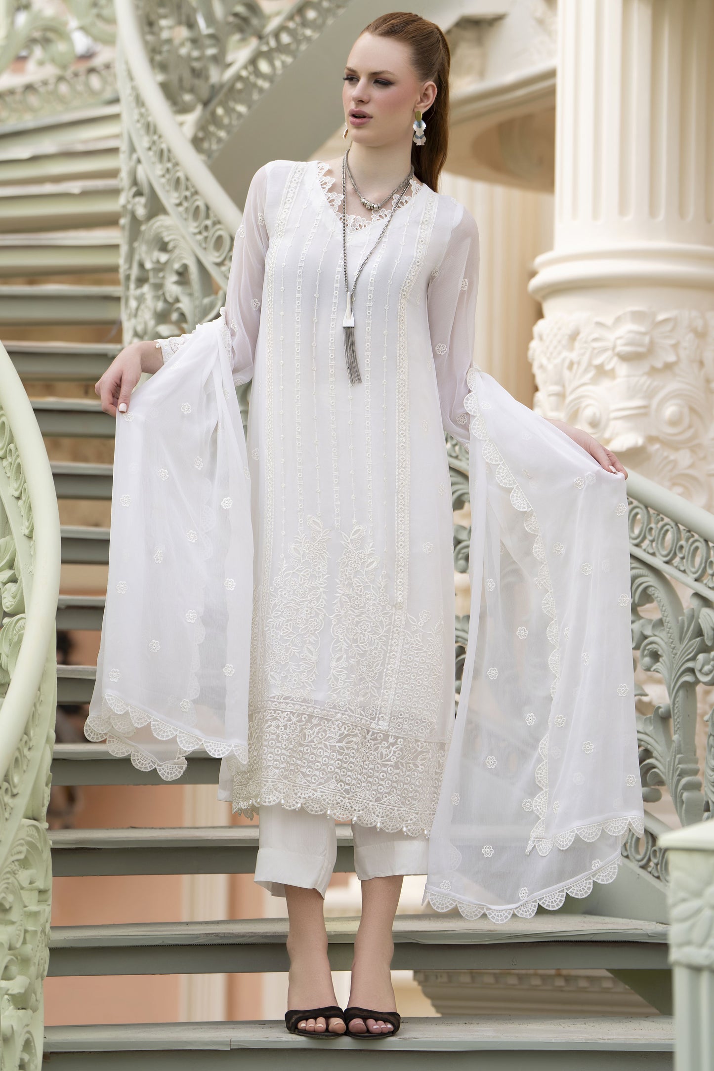 Zaina 3pc Embroidered White Chiffon Suit – ZNC10