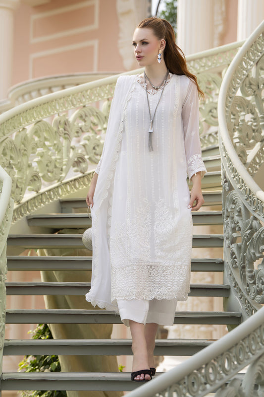 Zaina 3pc Embroidered White Chiffon Suit – ZNC10