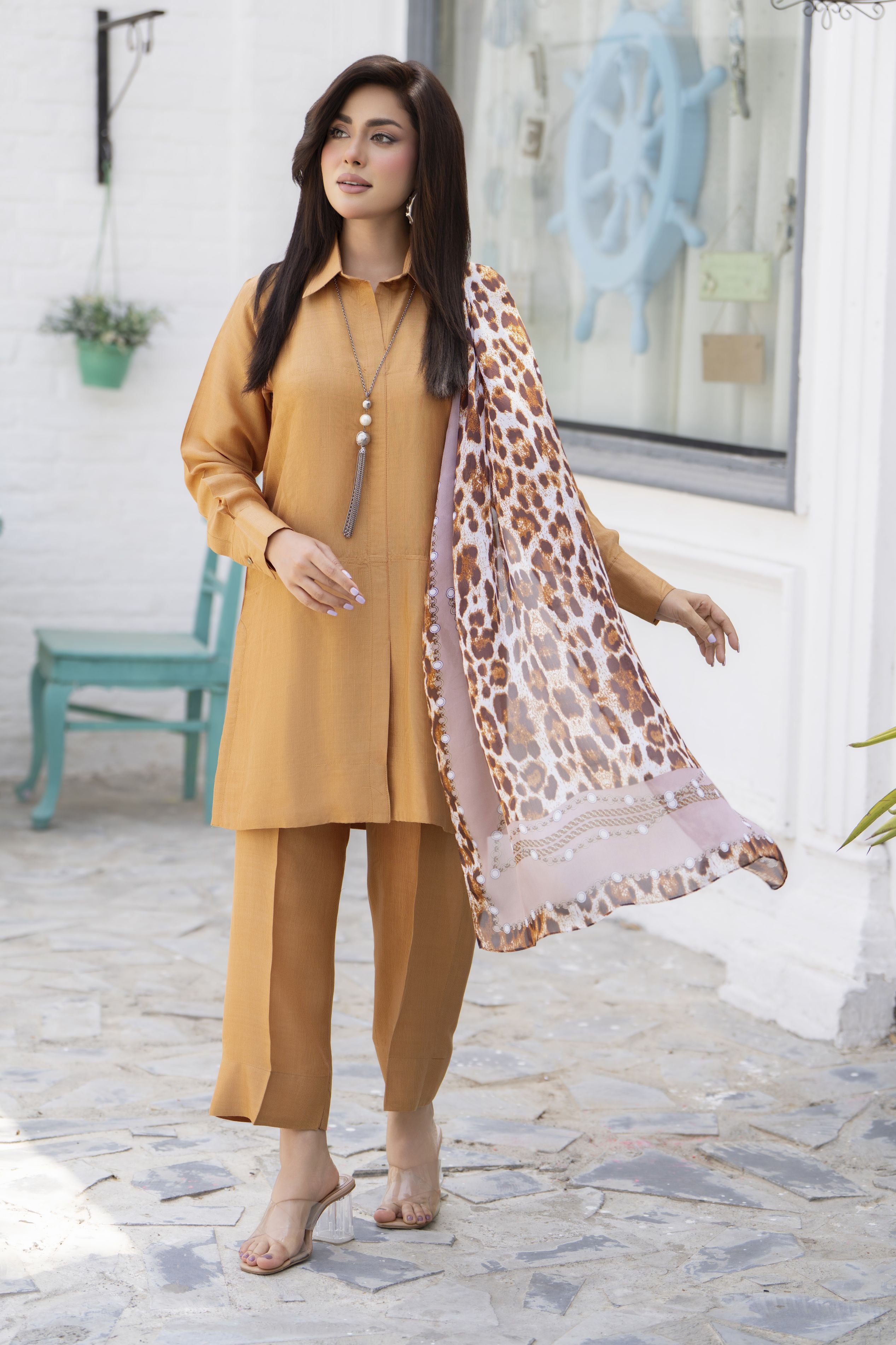 Caramel 3-Piece Poly Raw Silk Suit with Printed Silk Scarf | Essentials by Miski – EBM1