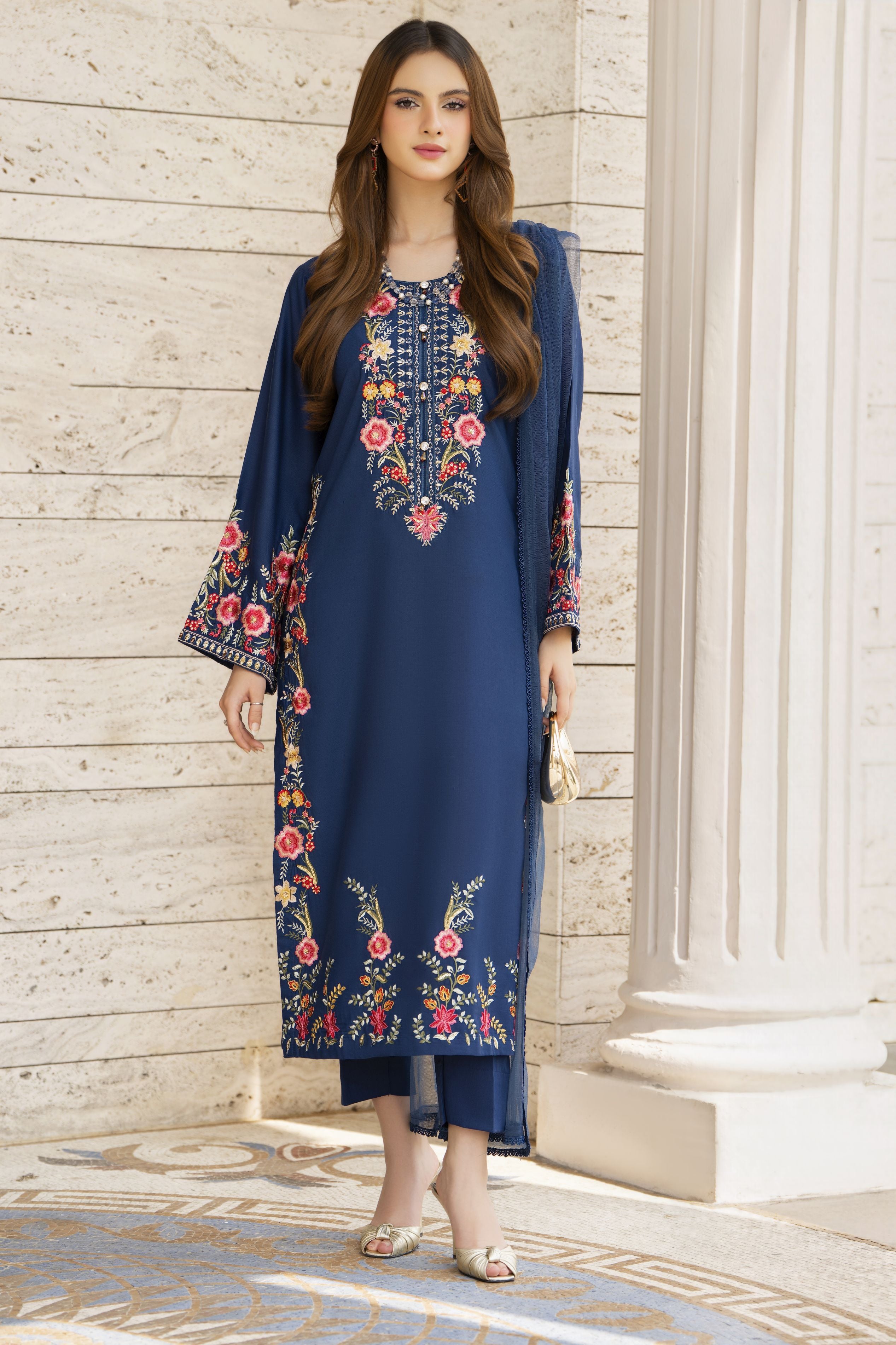 Navy Blue Embroidered 3pc Pakistani Dress Linen Womenswear Aura by Miski LAM3