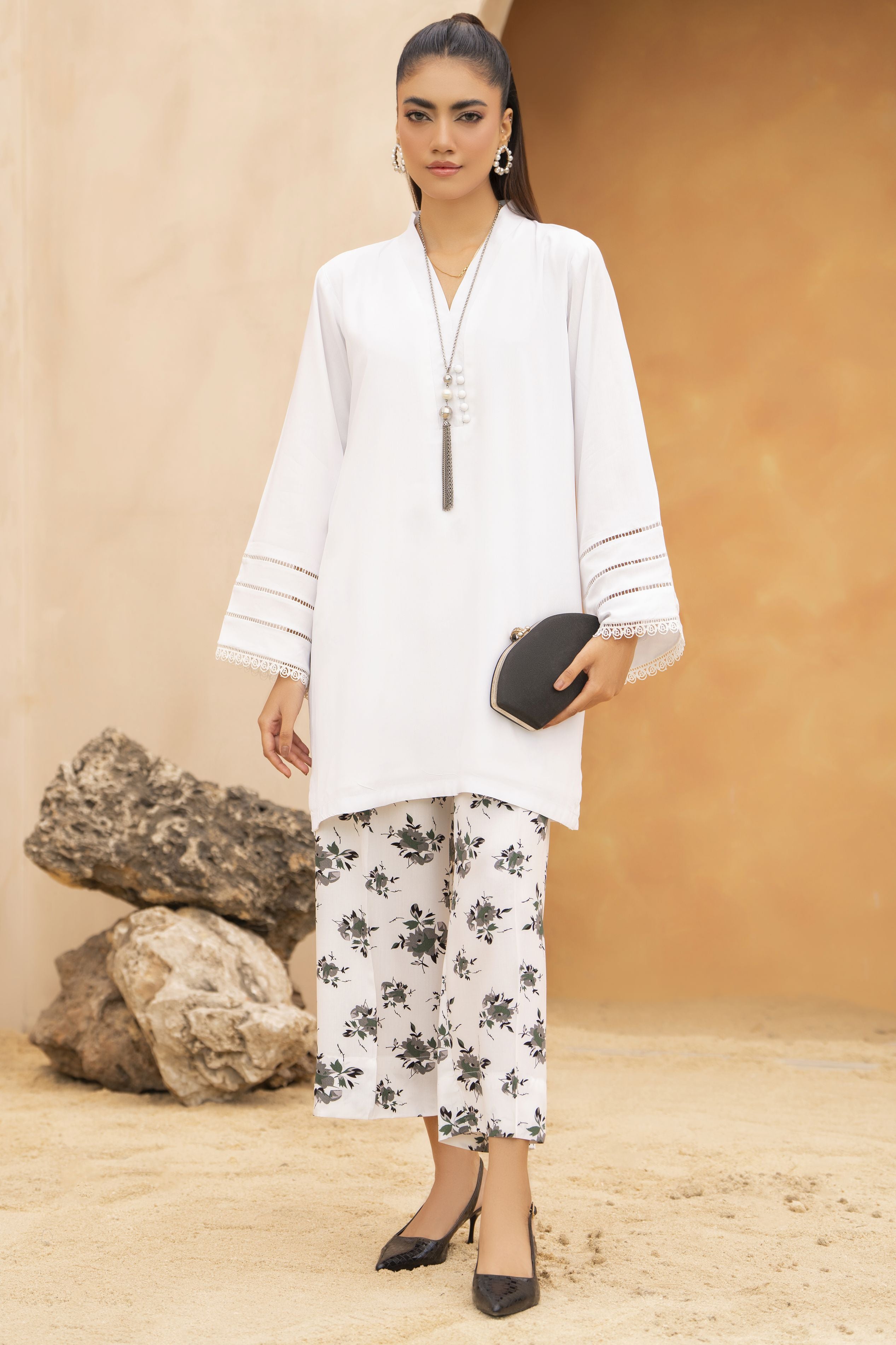 White Solid and Printed Linen 2pc Ready to Wear Dress by Gul Warun LDG6