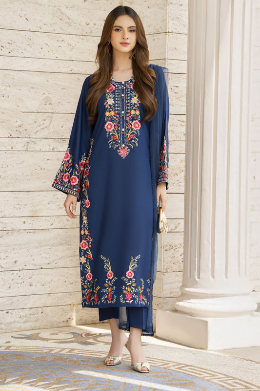 Navy Blue Embroidered 3pc Pakistani Dress Linen Womenswear Aura by Miski LAM3