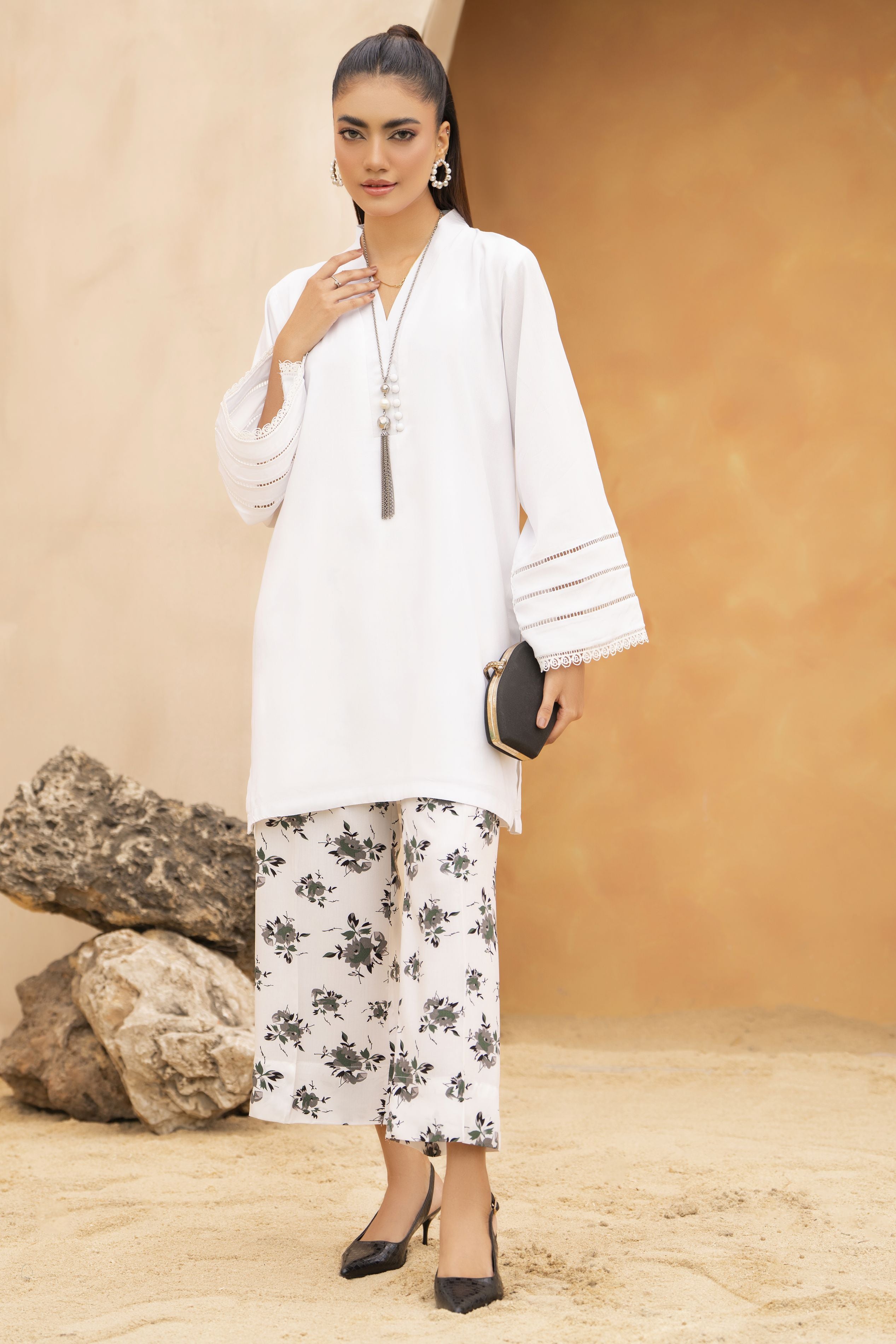 White Solid and Printed Linen 2pc Ready to Wear Dress by Gul Warun LDG6