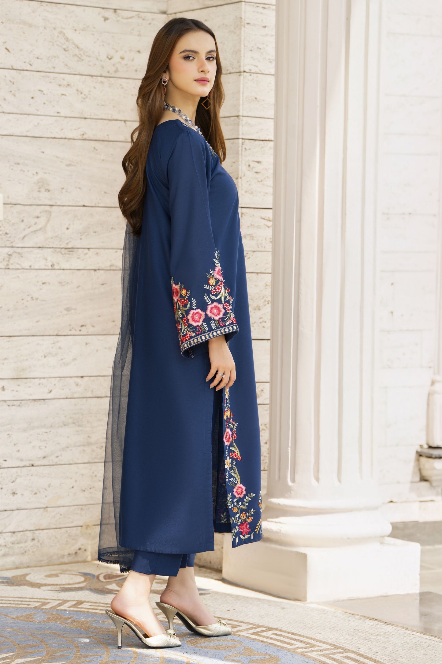 Navy Blue Embroidered 3pc Pakistani Dress Linen Womenswear Aura by Miski LAM3