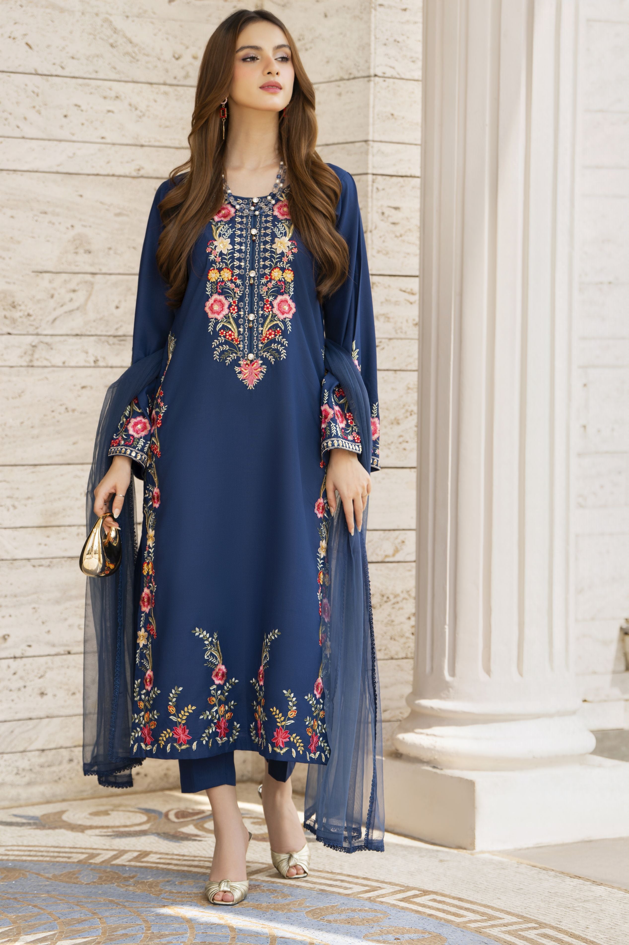Navy Blue Embroidered 3pc Pakistani Dress Linen Womenswear Aura by Miski LAM3