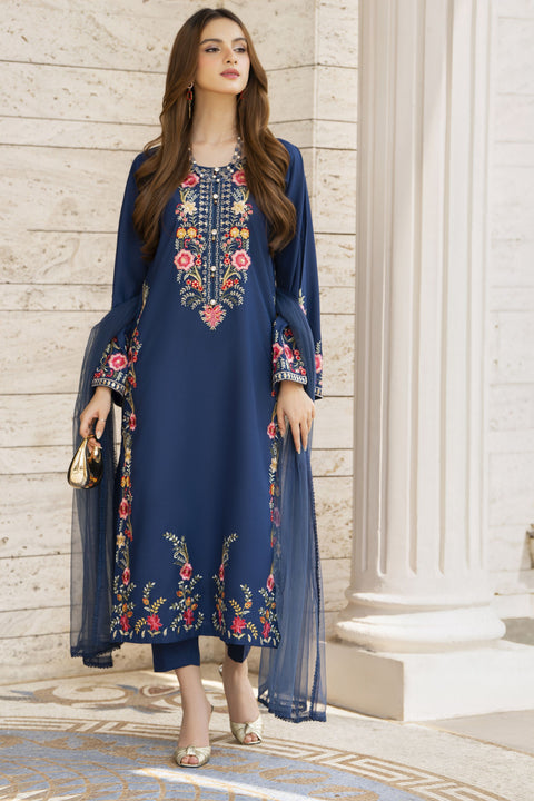 Navy Blue Embroidered 3pc Pakistani Dress Linen Womenswear Aura by Miski LAM3 Small