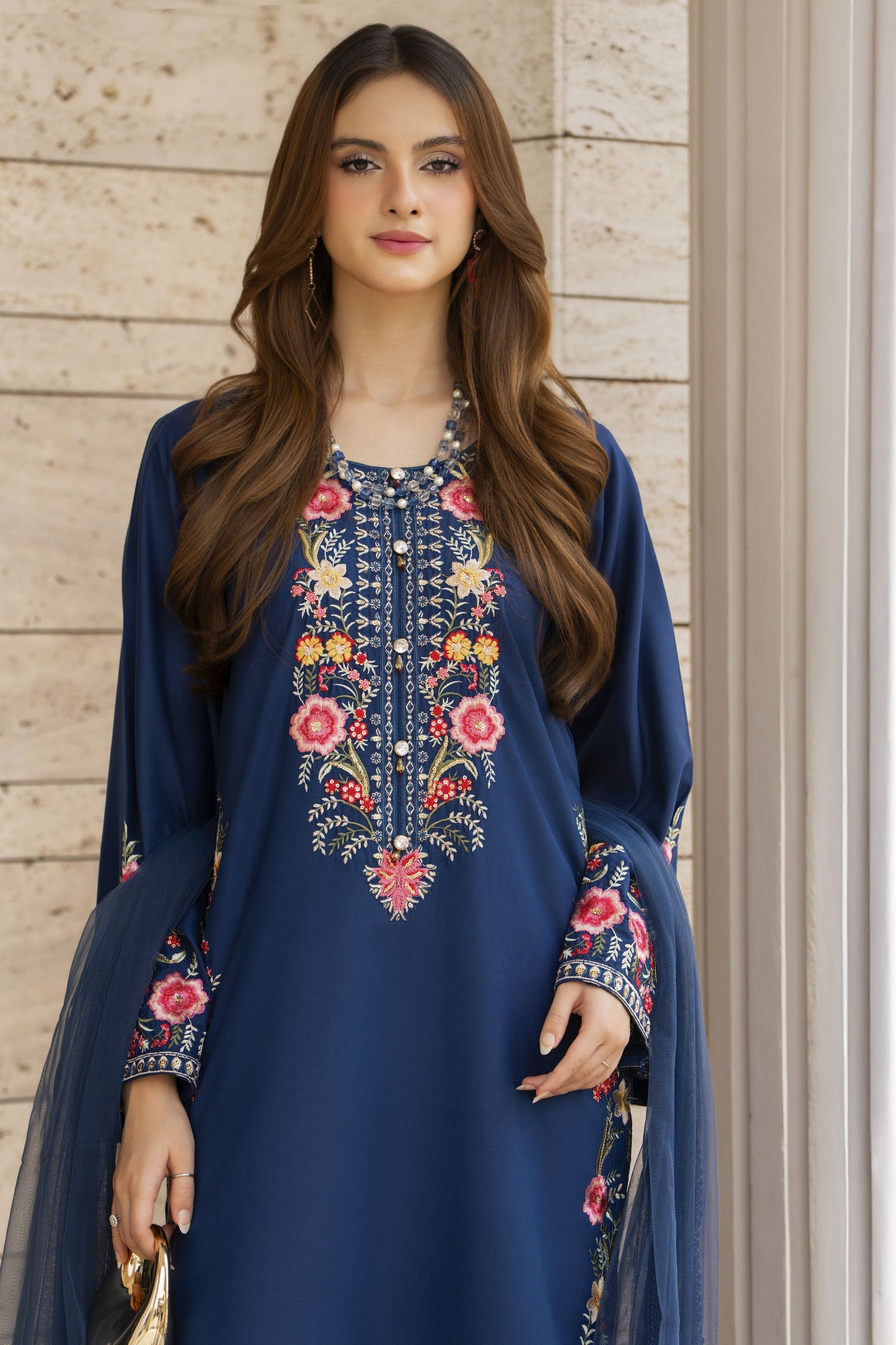 Navy Blue Embroidered 3pc Pakistani Dress Linen Womenswear Aura by Miski LAM3