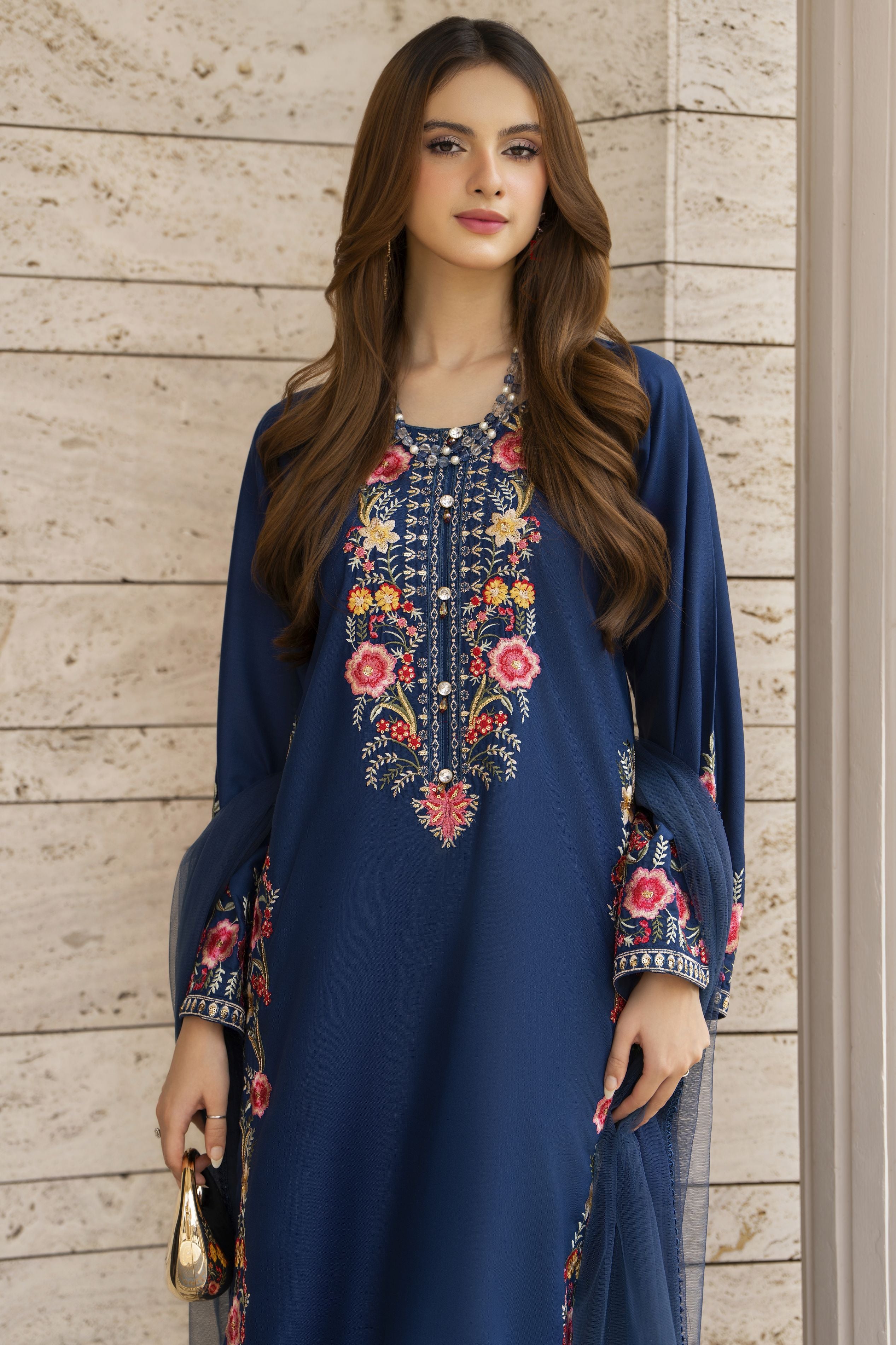 Navy Blue Embroidered 3pc Pakistani Dress Linen Womenswear Aura by Miski LAM3