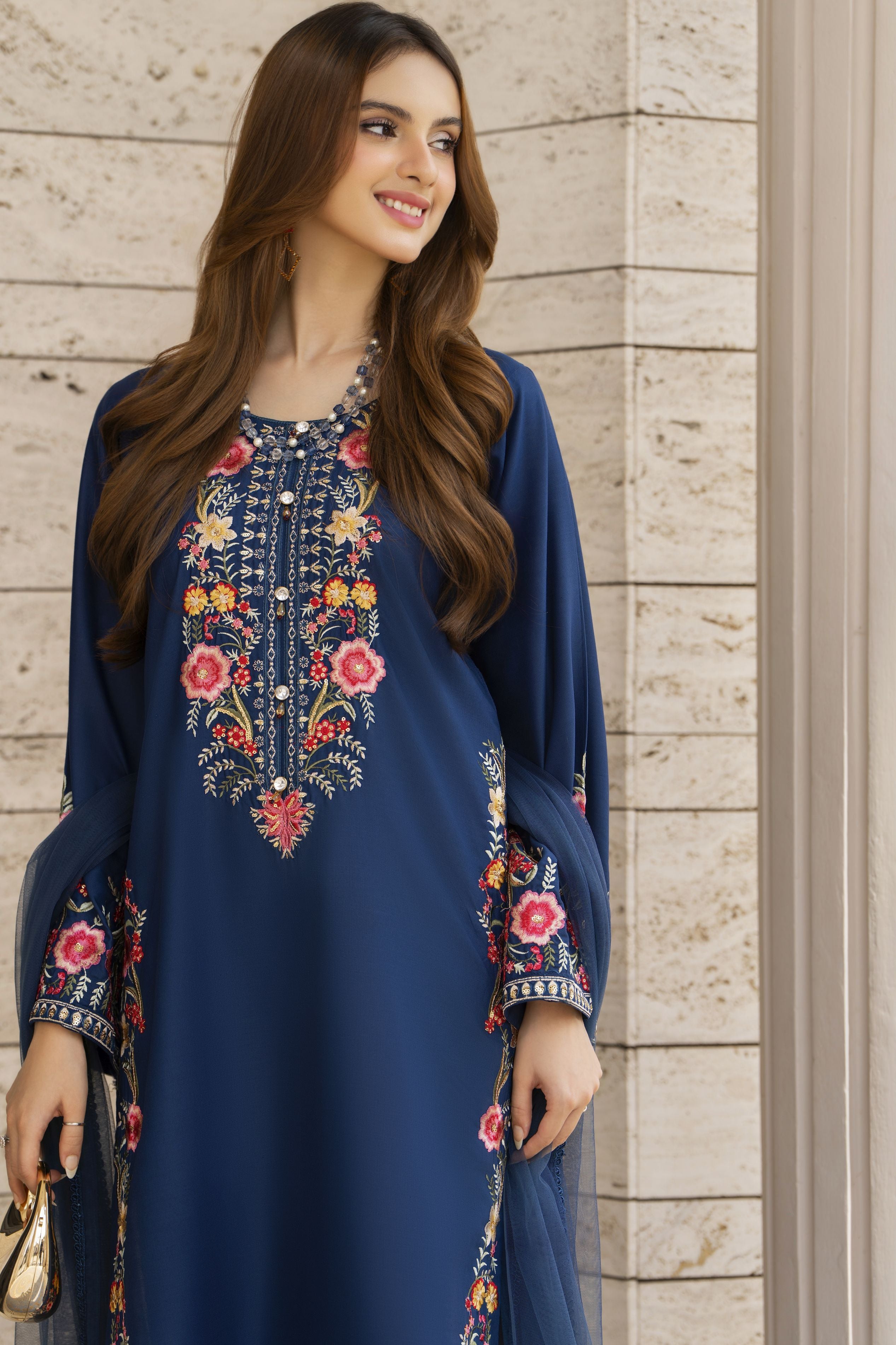 Navy Blue Embroidered 3pc Pakistani Dress Linen Womenswear Aura by Miski LAM3