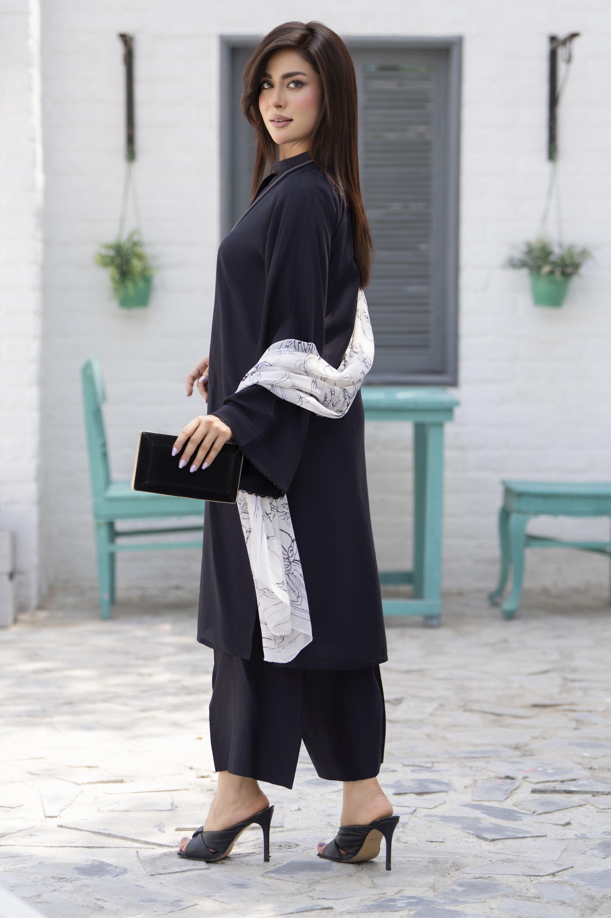 Classic Black 3-Piece Poly Raw Silk Suit with White Printed Silk Scarf | Essentials by Miski – EBM7