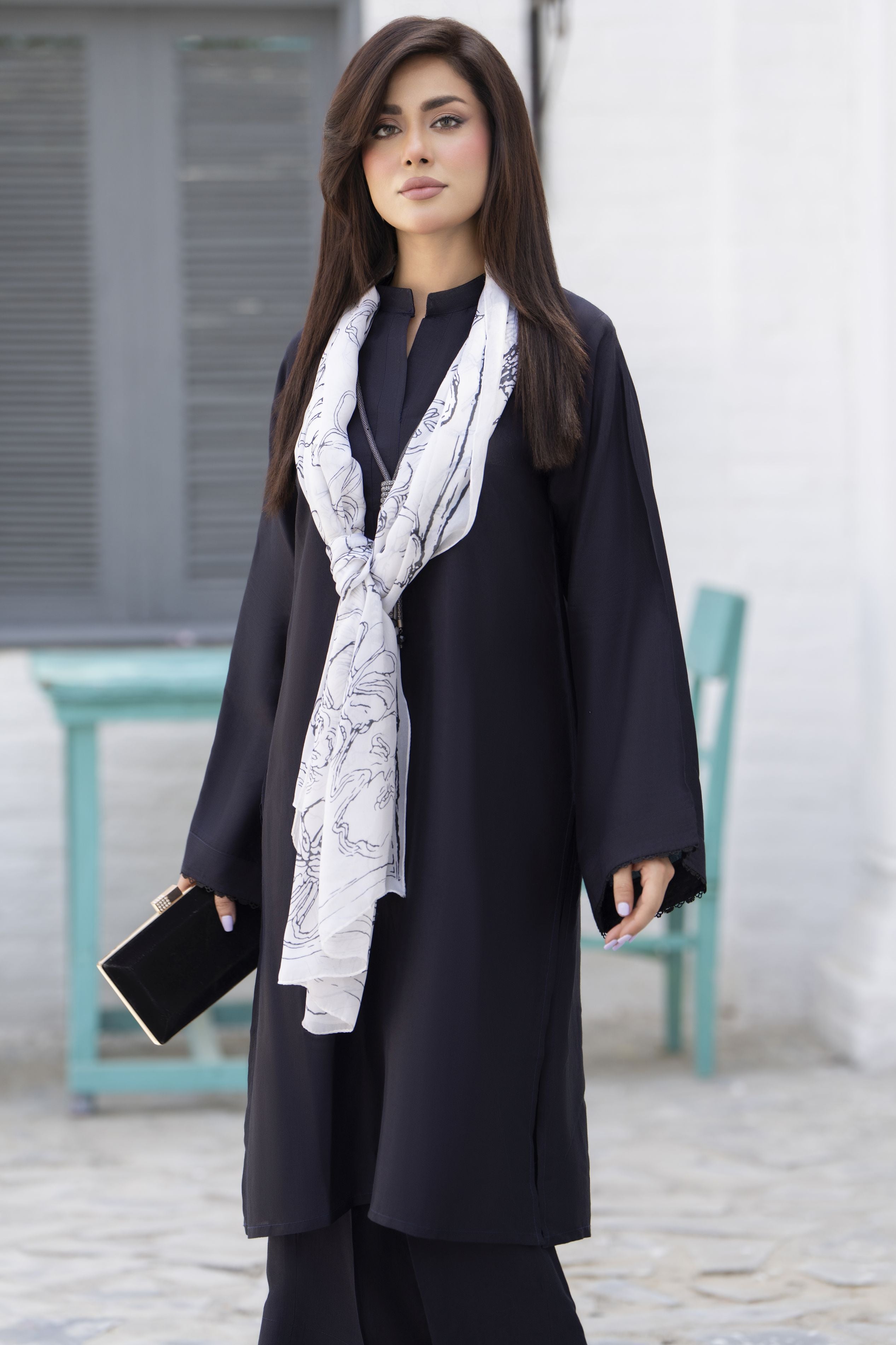 Classic Black 3-Piece Poly Raw Silk Suit with White Printed Silk Scarf | Essentials by Miski – EBM7