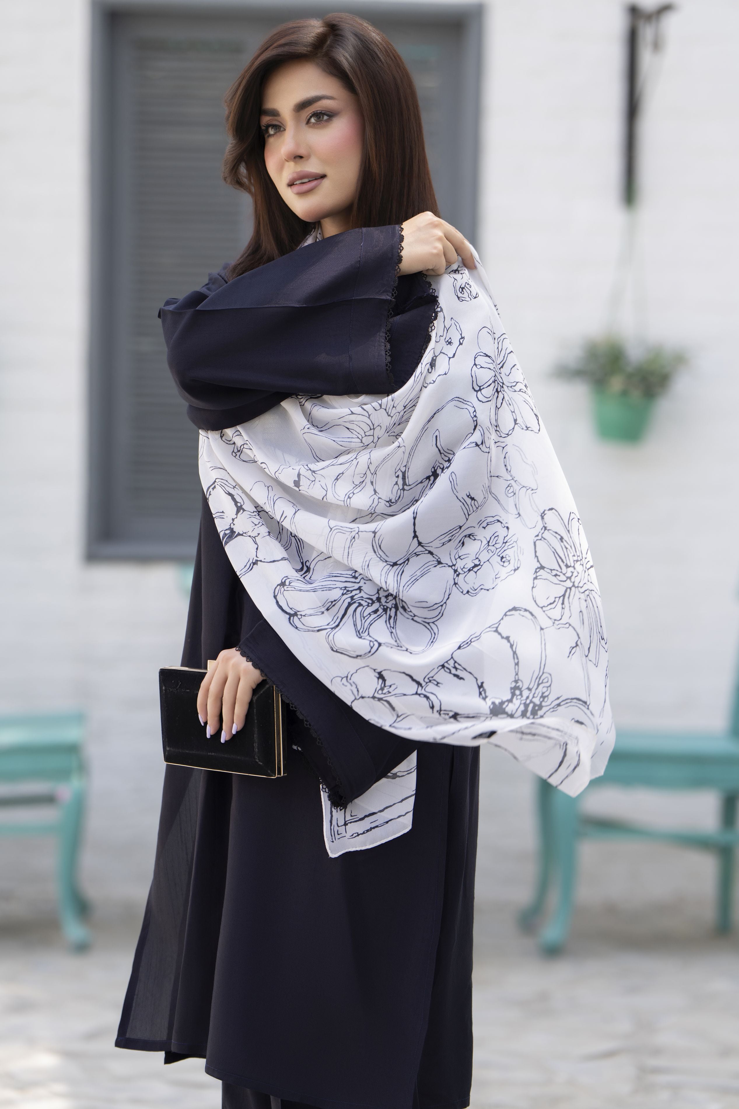 Classic Black 3-Piece Poly Raw Silk Suit with White Printed Silk Scarf | Essentials by Miski – EBM7