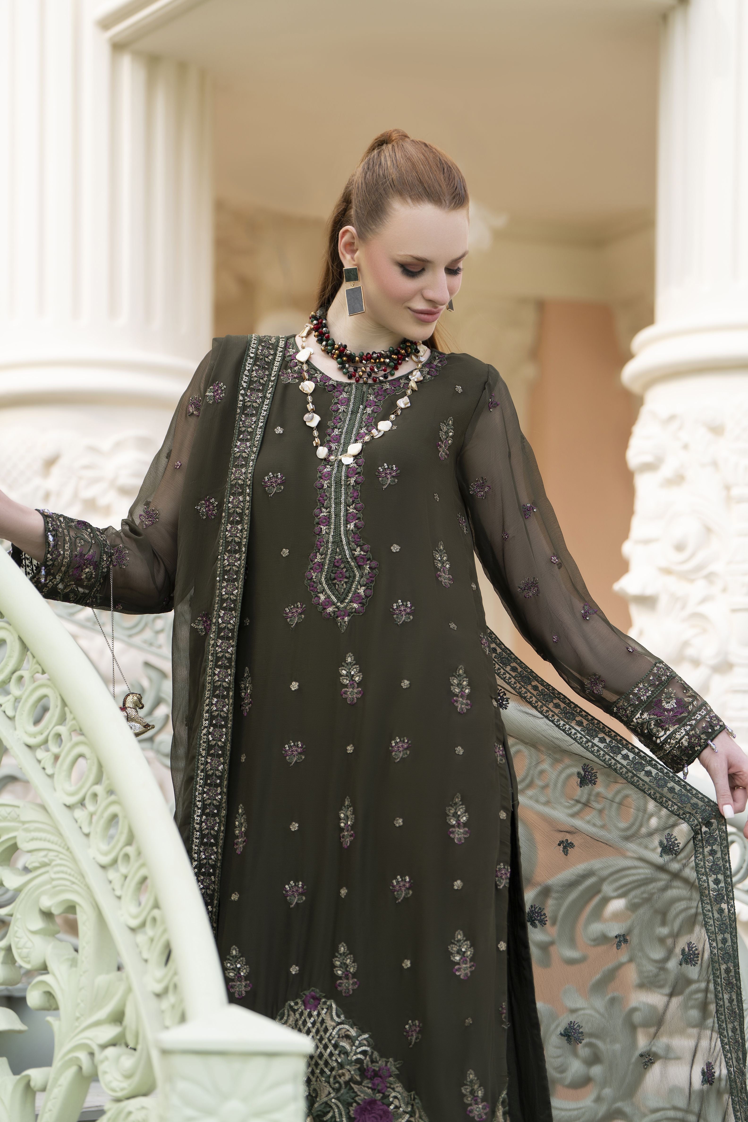 Zaina 3pc Embroidered Chiffon Suit – ZNC9