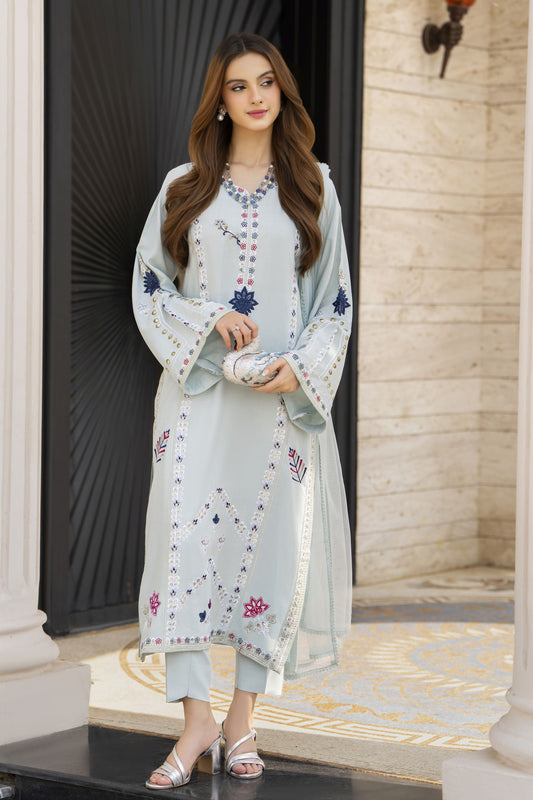 Ice Blue Embroidered 3pc Linen Pakistani Dress - Linen Aura by Miski LAM4