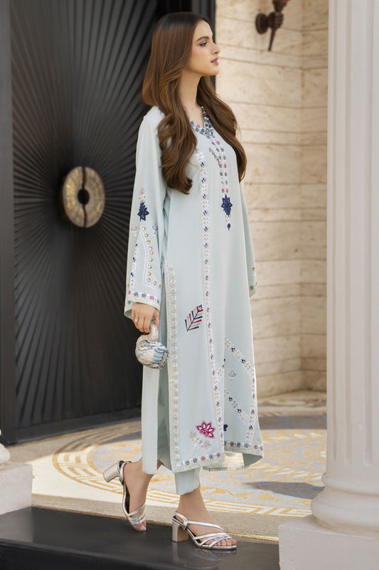 Ice Blue Embroidered 3pc Linen Pakistani Dress - Linen Aura by Miski LAM4