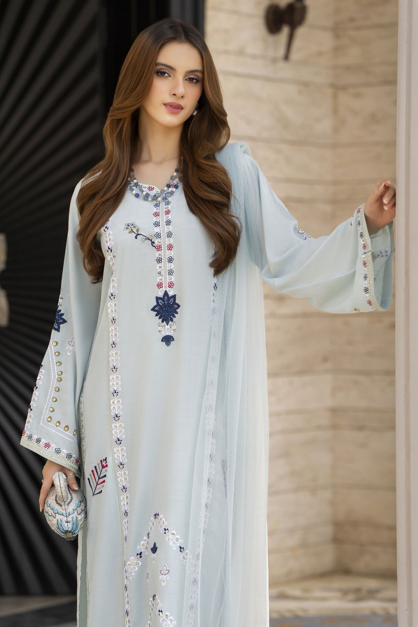 Ice Blue Embroidered 3pc Linen Pakistani Dress - Linen Aura by Miski LAM4