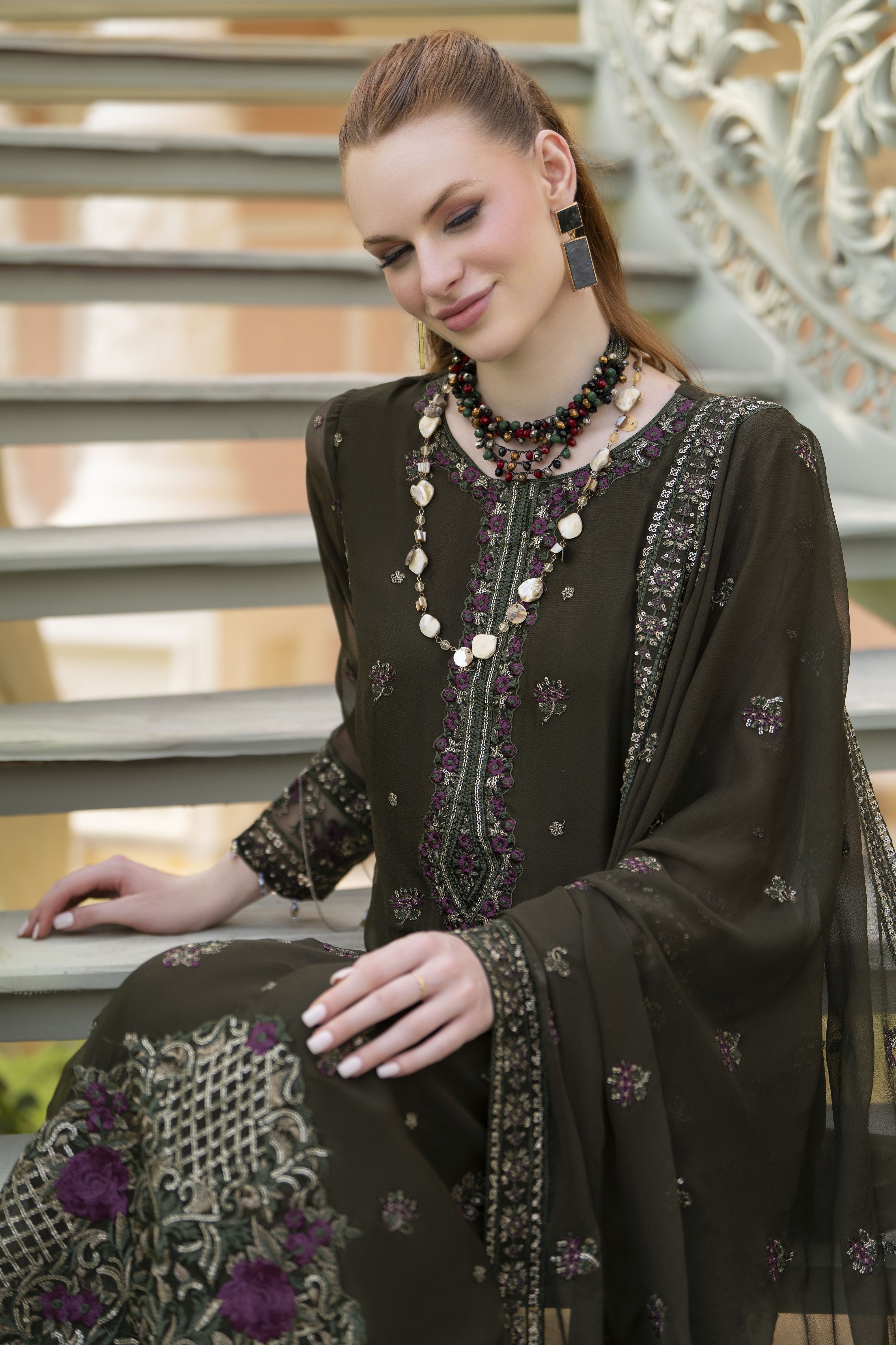 Zaina 3pc Embroidered Chiffon Suit – ZNC9