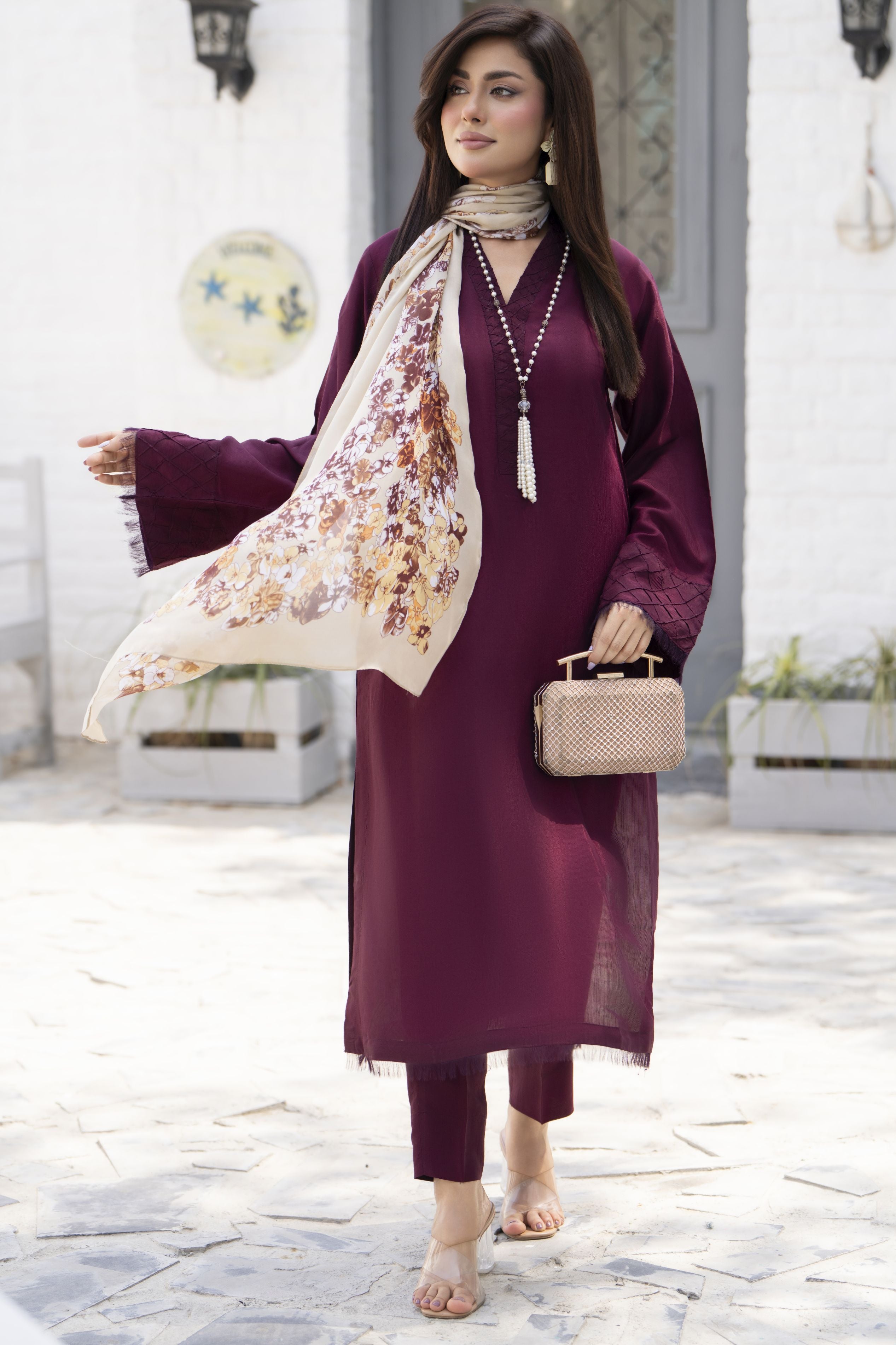 Maroon 3-Piece Poly Raw Silk Suit with Floral Printed Silk Scarf | Essentials by Miski – EBM6