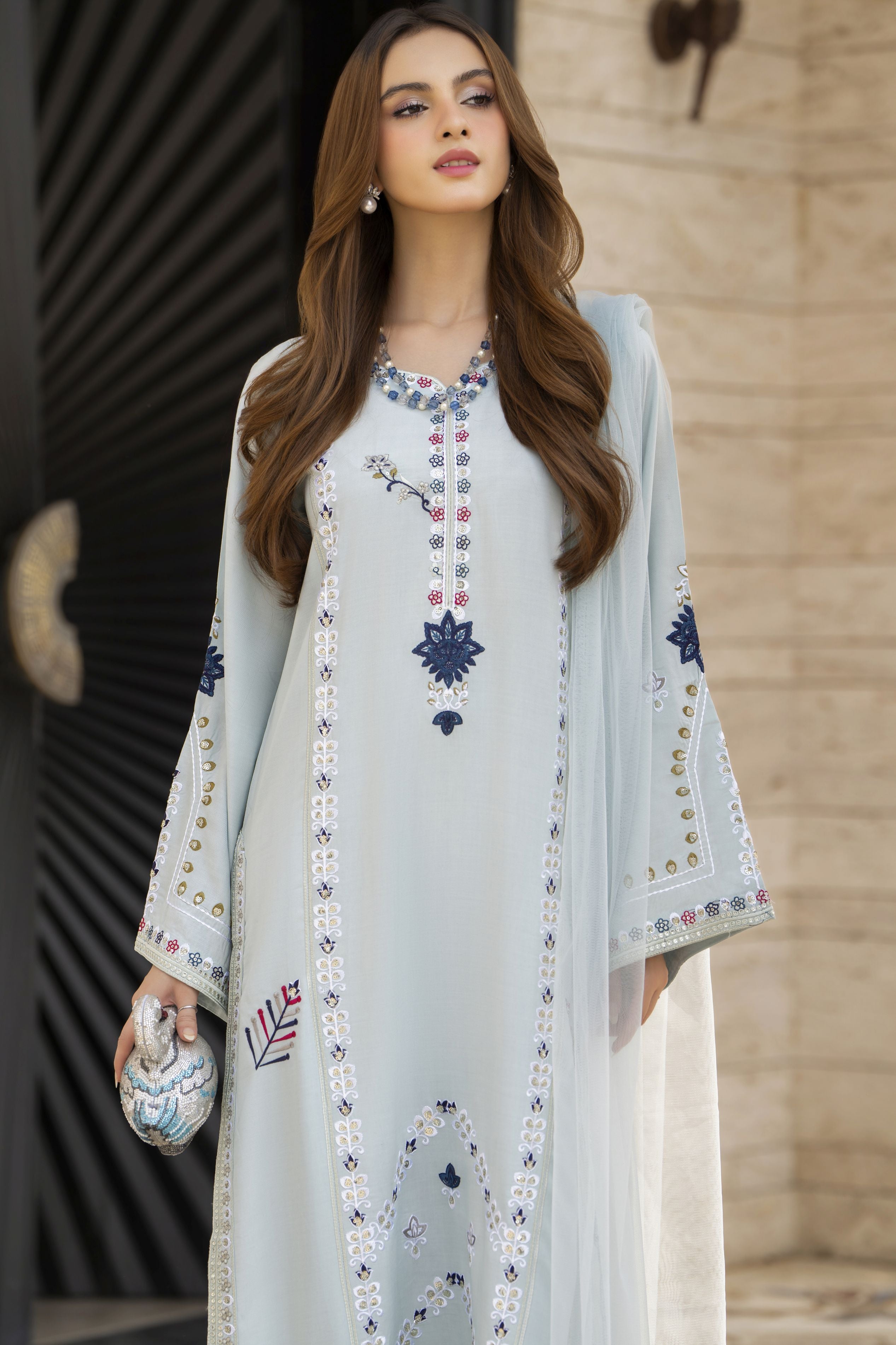 Ice Blue Embroidered 3pc Linen Pakistani Dress - Linen Aura by Miski LAM4