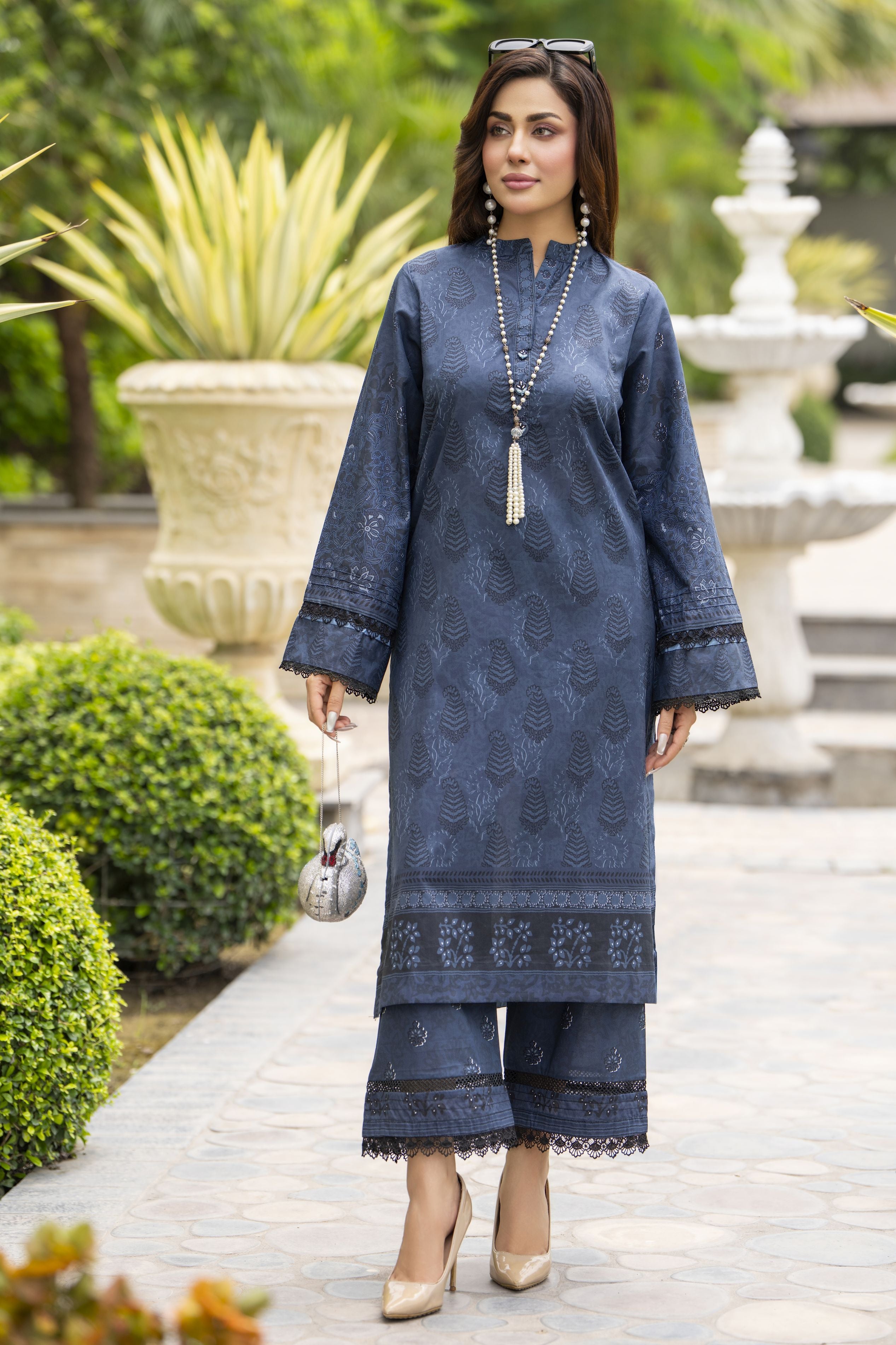 Dawn Petals by Sahar Greyish Blue Co-ord Set with Lace Culottes DPS7