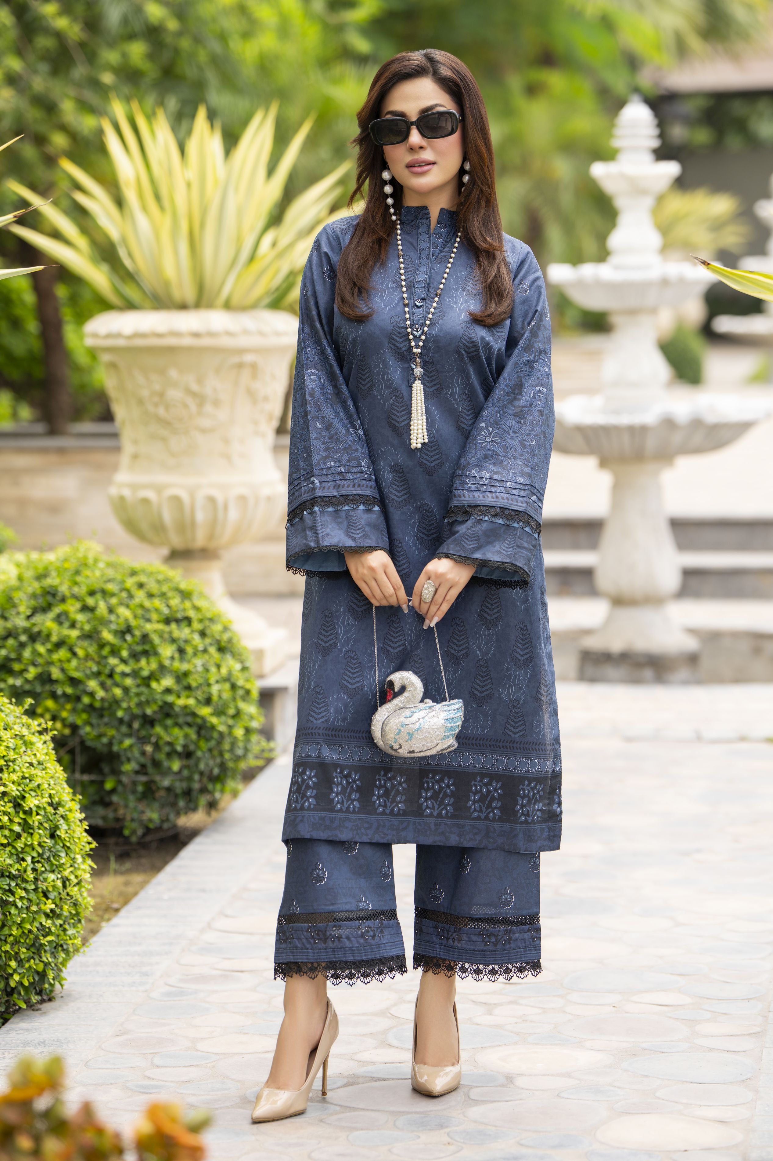 Dawn Petals by Sahar Greyish Blue Co-ord Set with Lace Culottes DPS7