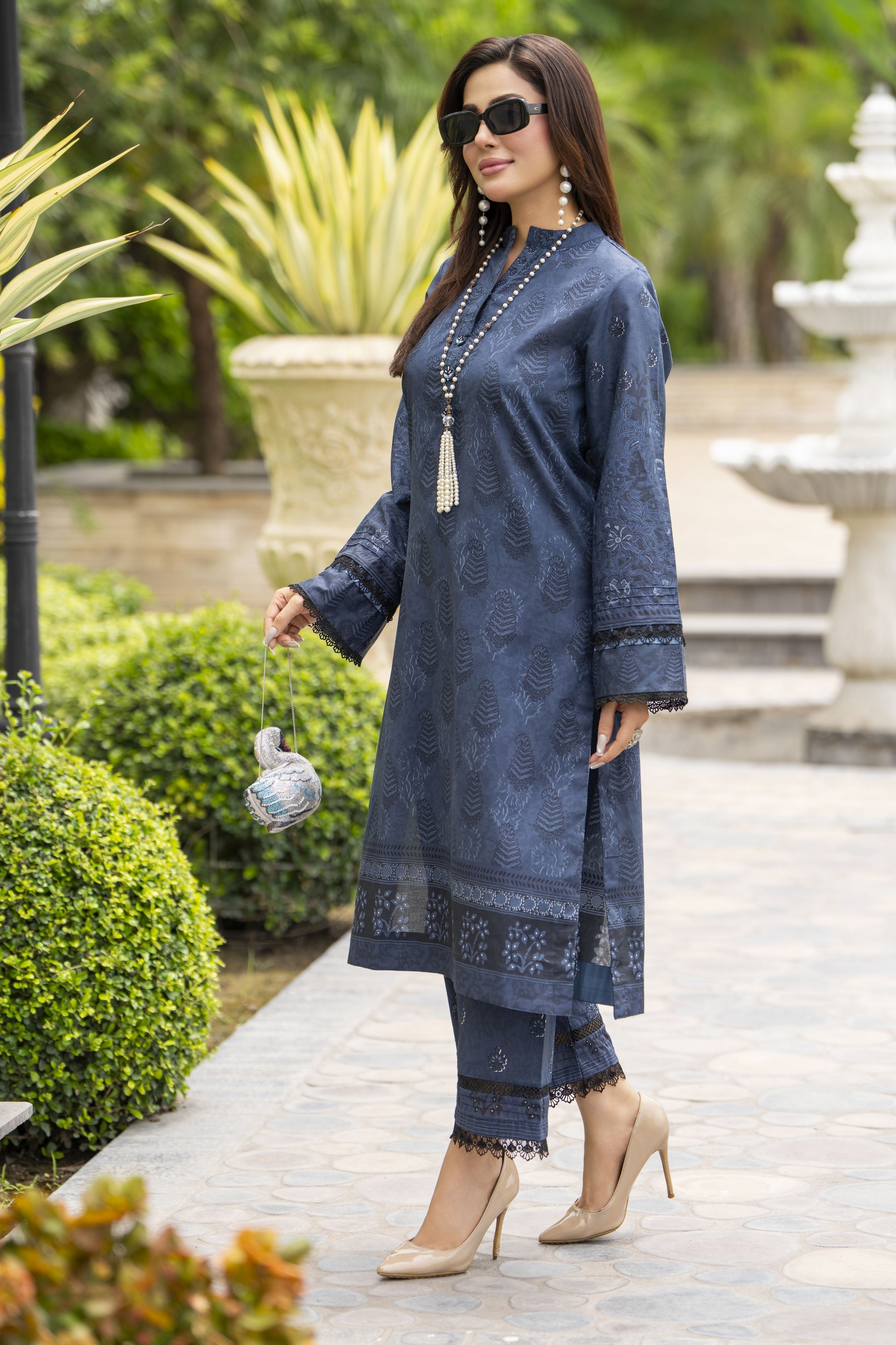 Dawn Petals by Sahar Greyish Blue Co-ord Set with Lace Culottes DPS7