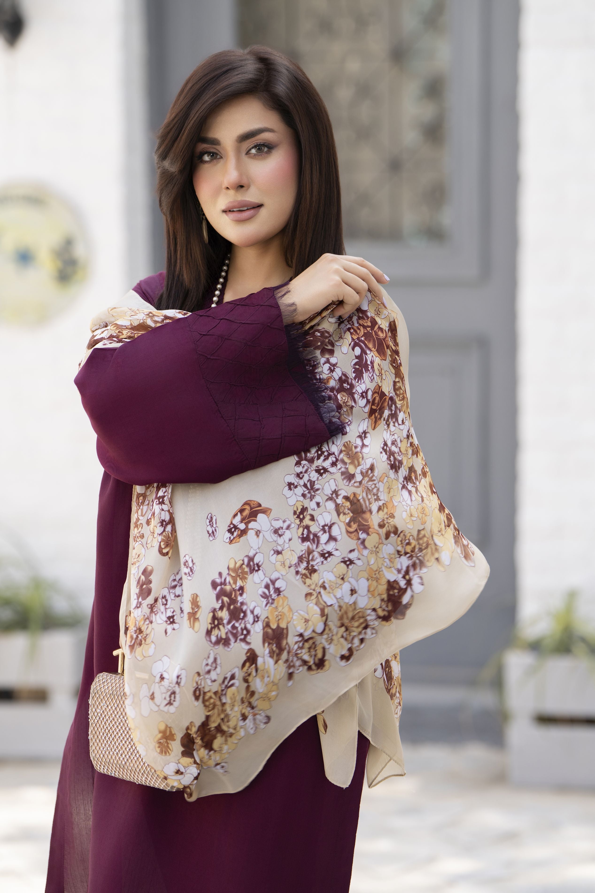 Maroon 3-Piece Poly Raw Silk Suit with Floral Printed Silk Scarf | Essentials by Miski – EBM6