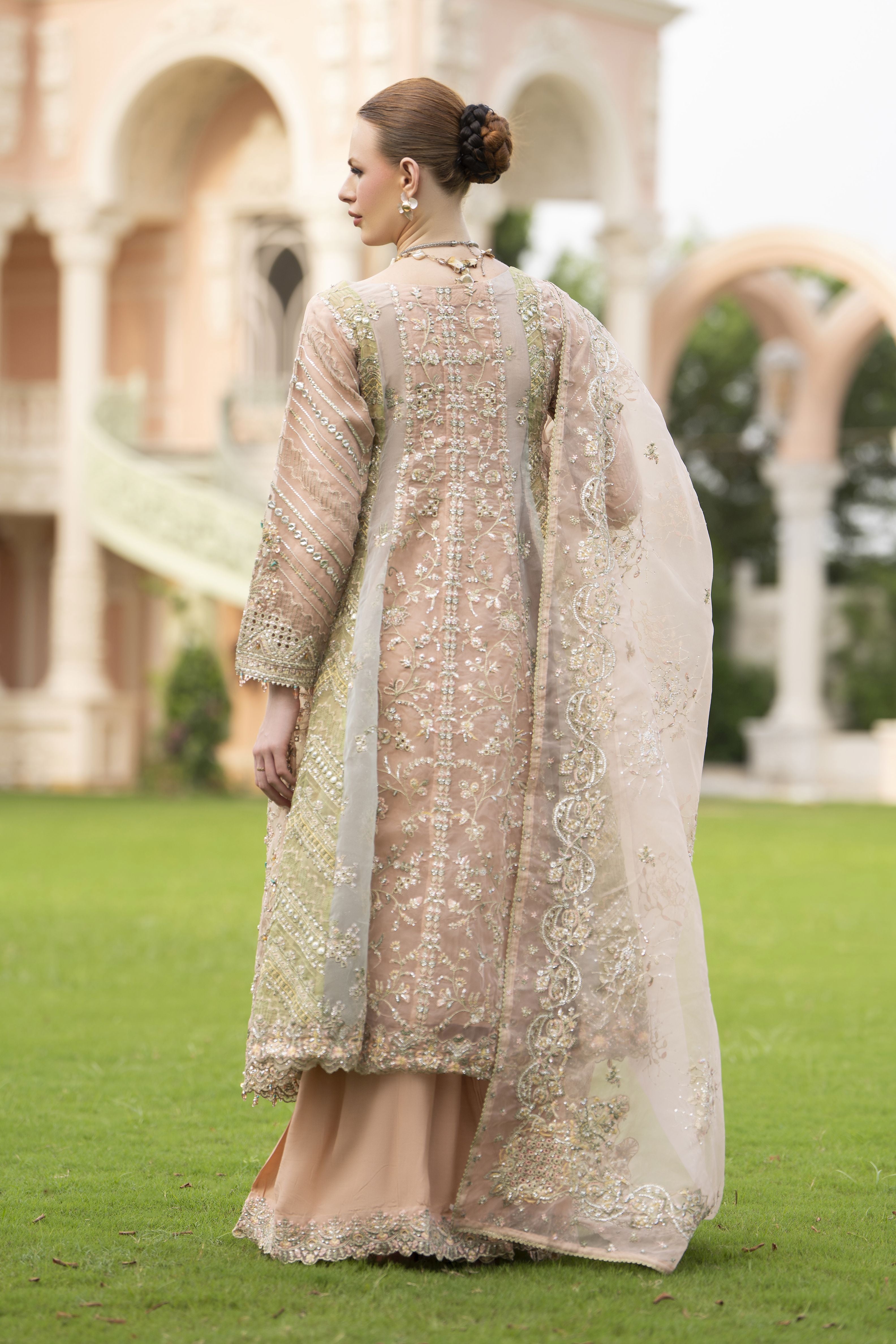 Silver 3pc Organza Handwork Long Frock with Sharara – The Occasion OS4