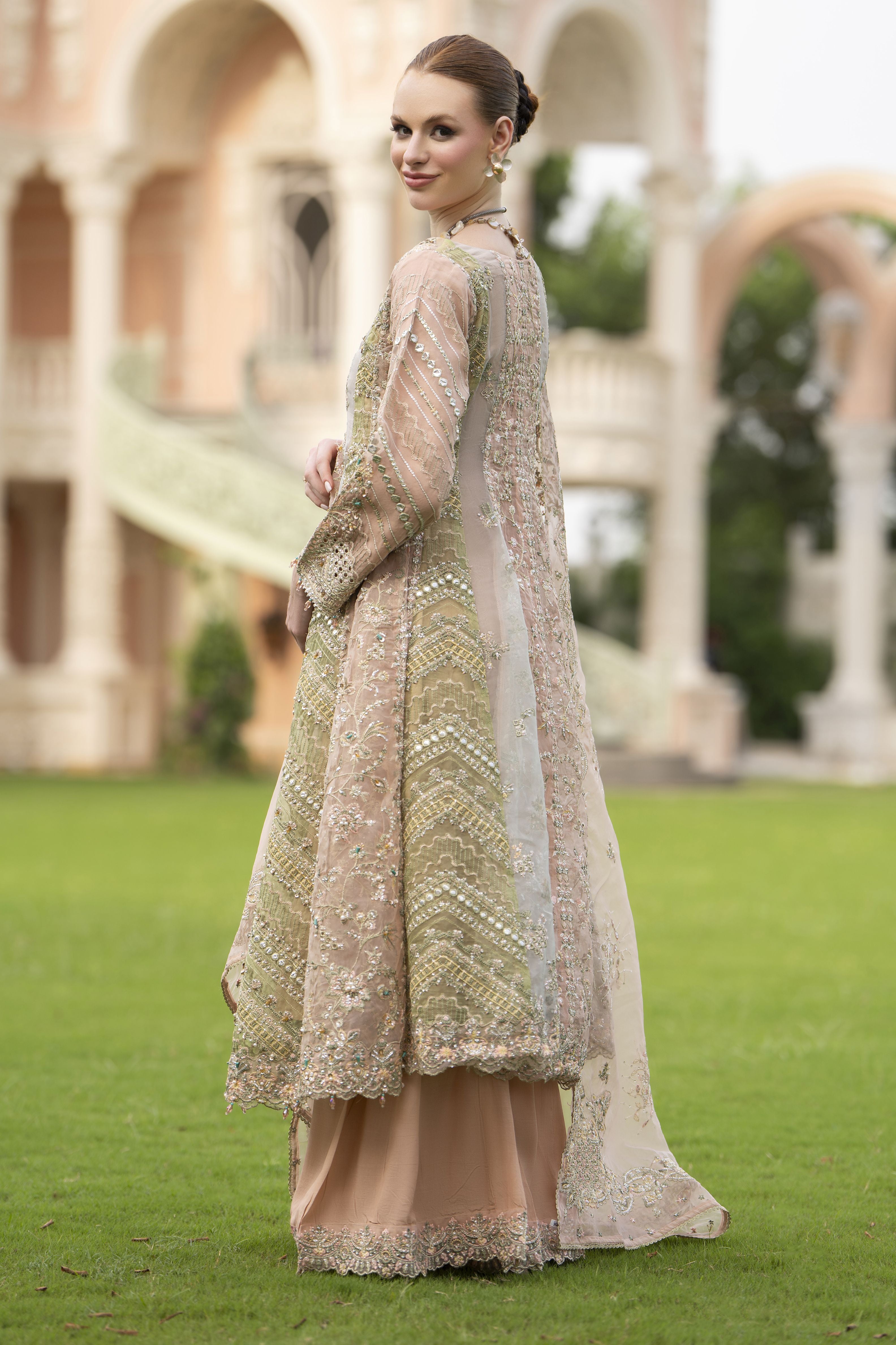 Silver 3pc Organza Handwork Long Frock with Sharara – The Occasion OS4