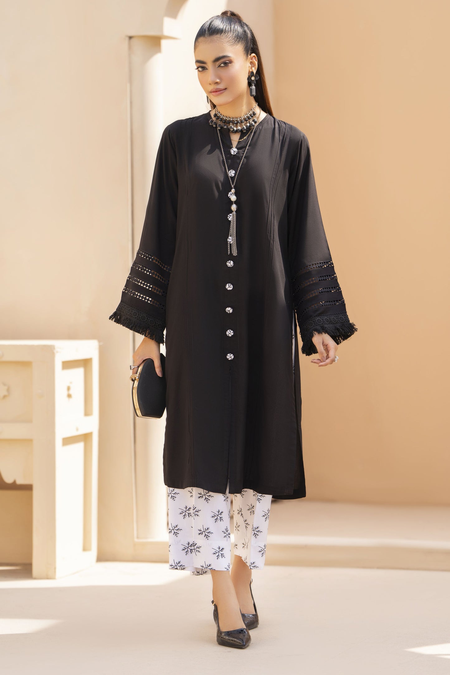 Black Solid and Printed Linen 2pc Ready to Wear Dress by Gul Warun LDG10