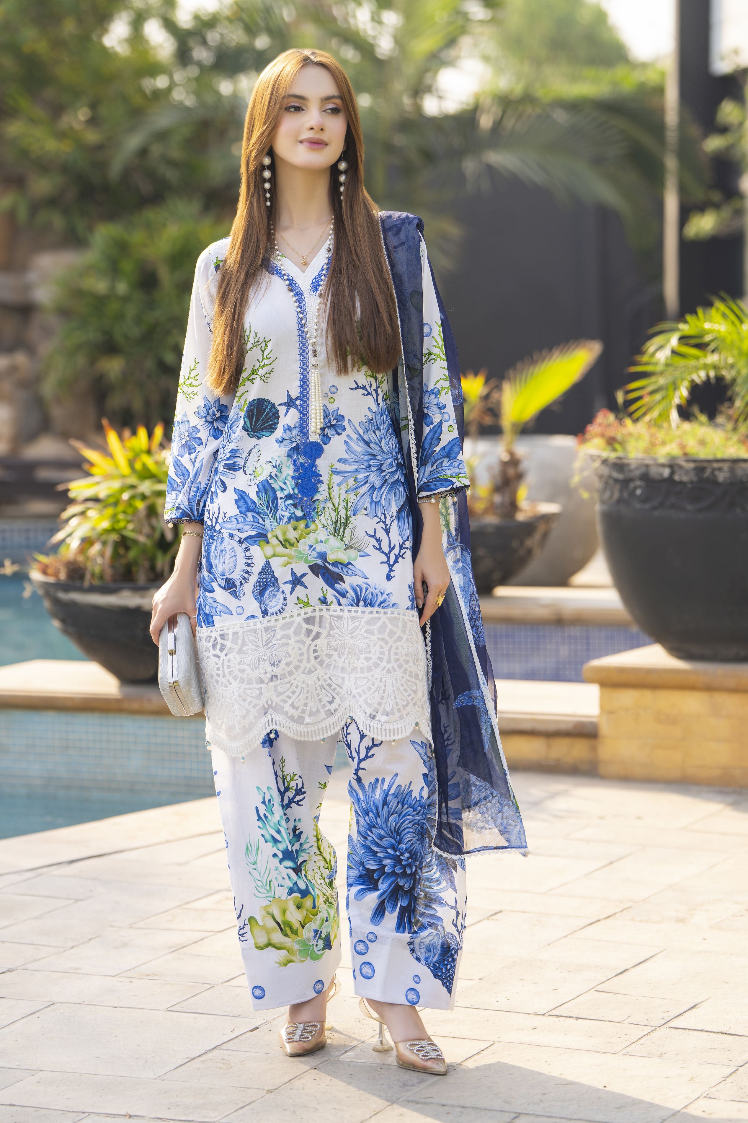White & Blue Marine-Inspired Lawn Farshi Suit Rangrez by Sakeena Hasan RBS9