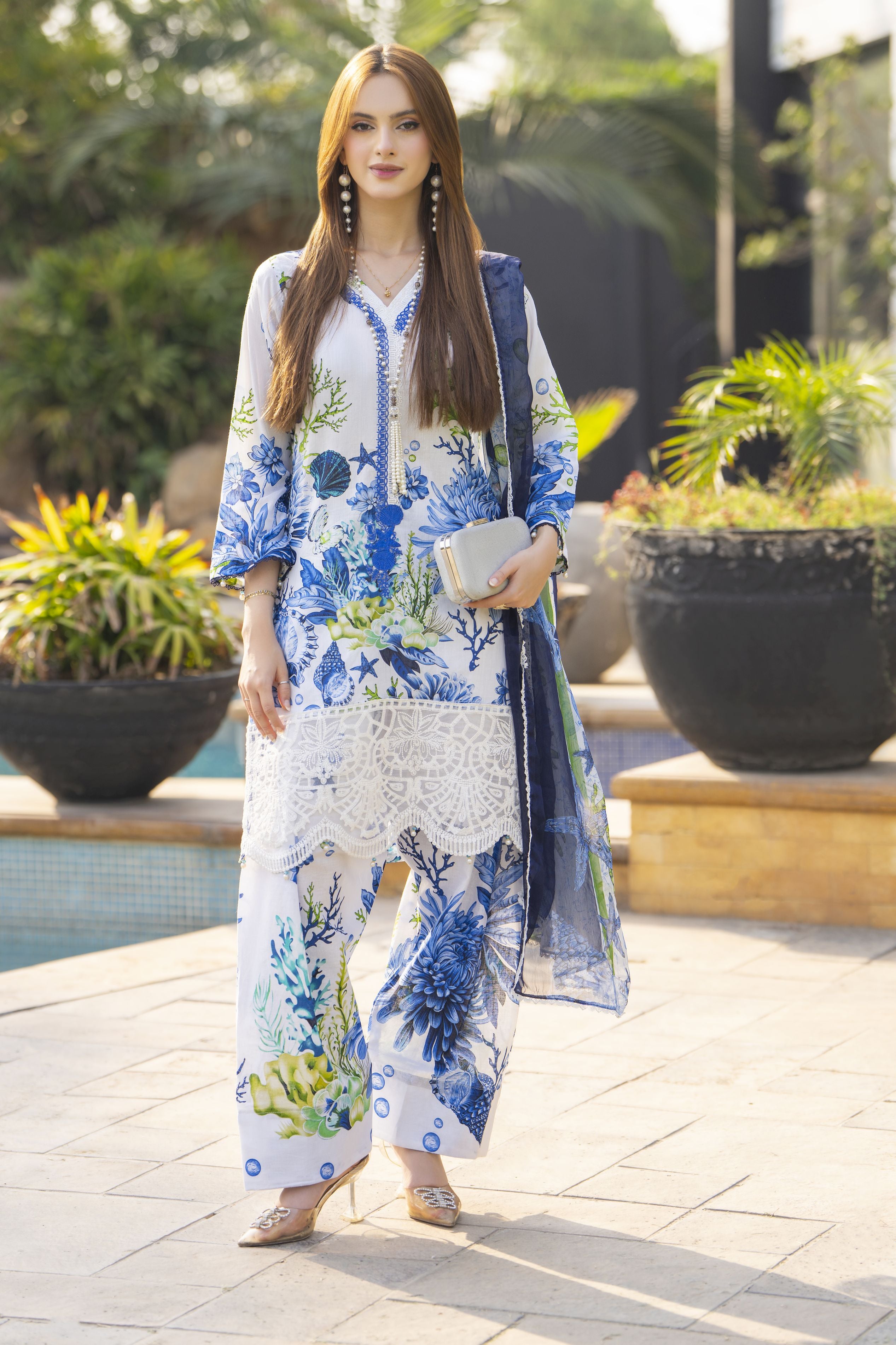 White & Blue Marine-Inspired Lawn Farshi Suit Rangrez by Sakeena Hasan RBS9