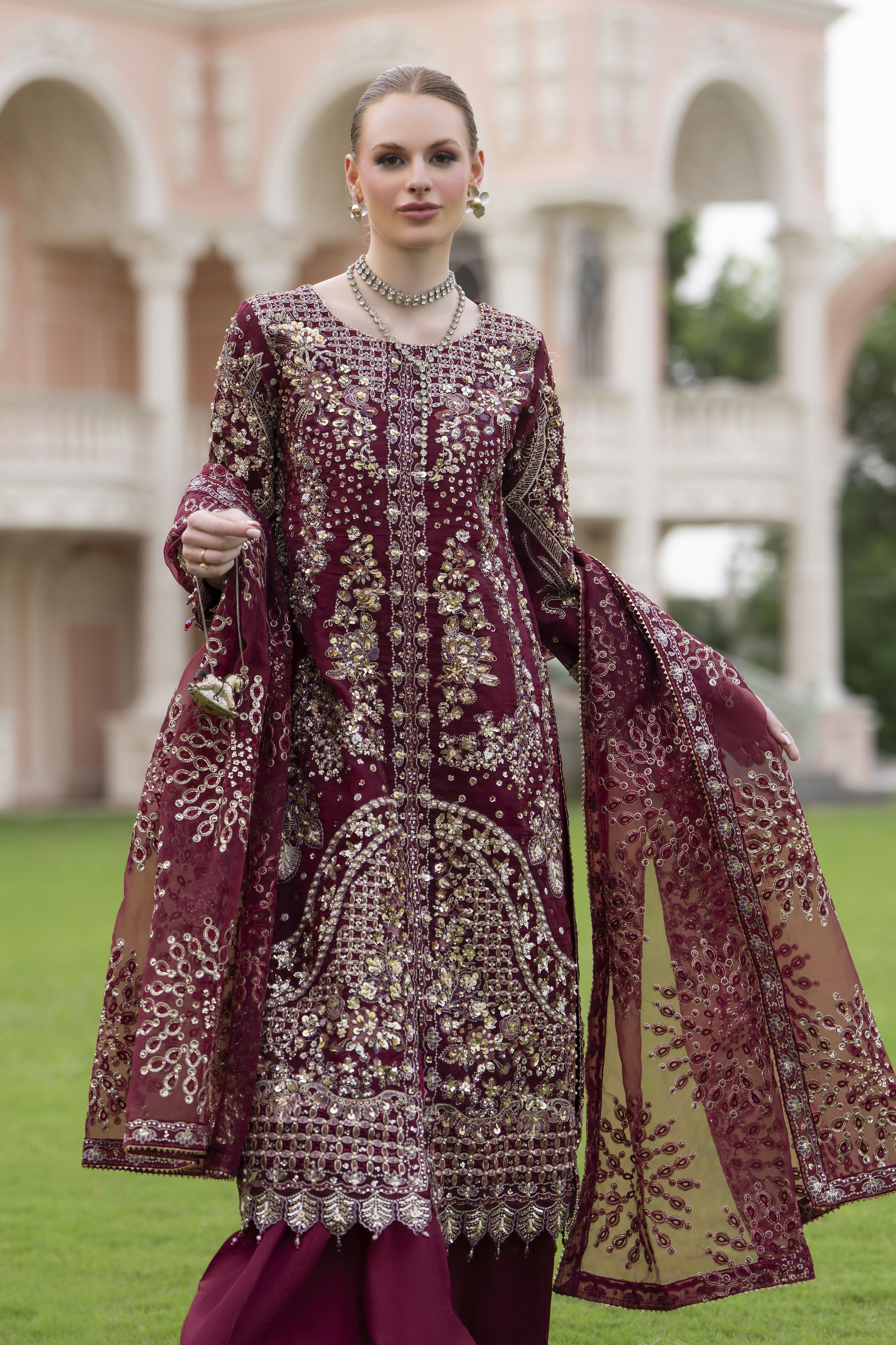 Silver 3pc Organza Handwork Long Shirt with Grip Sharara – The Occasion OS2