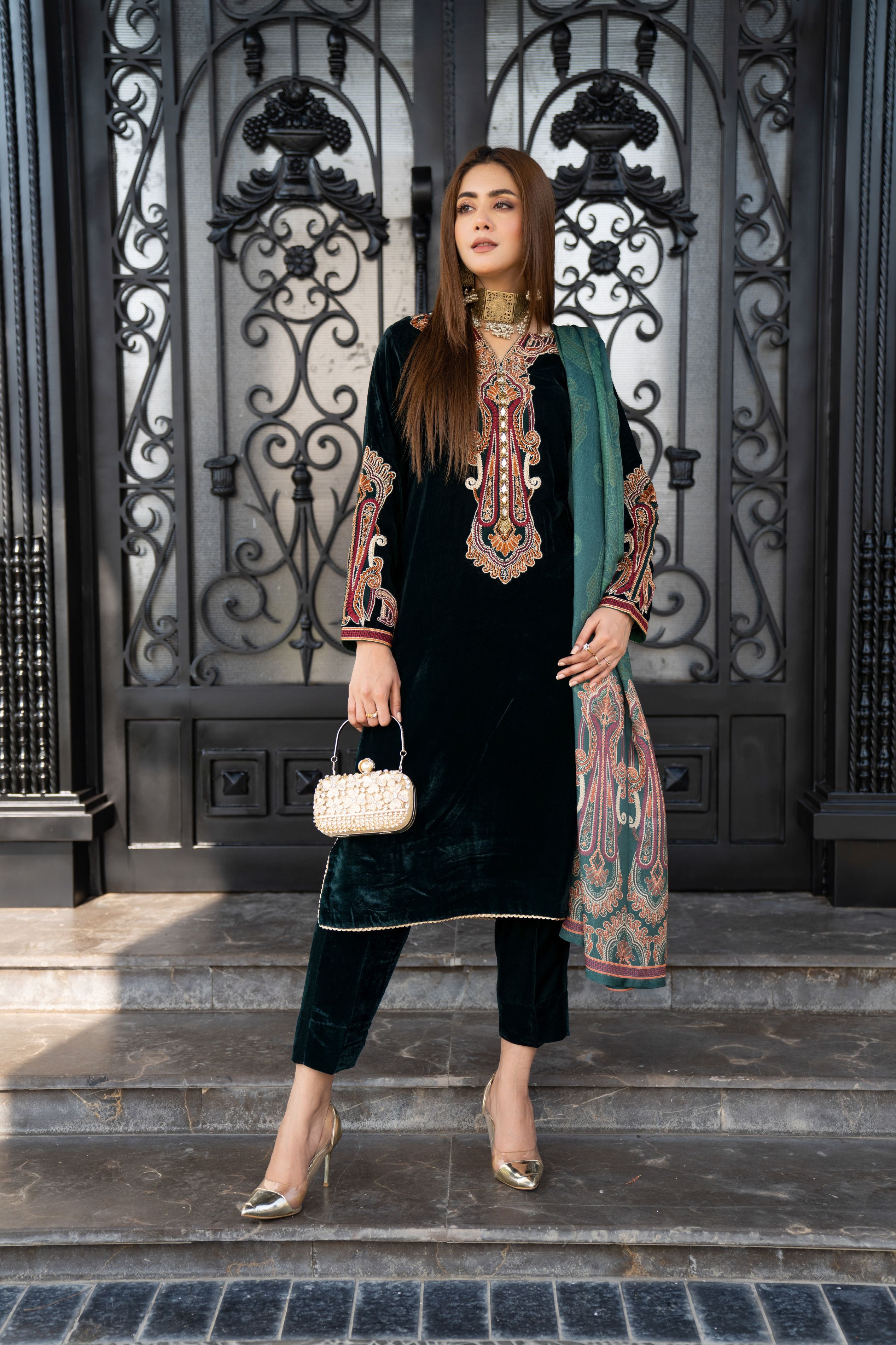 Vogue Vistas Velvet Embroidered Dress by Zaiwa ZB7