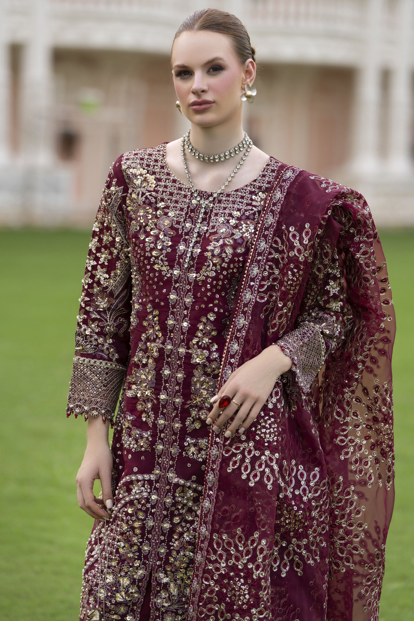 Silver 3pc Organza Handwork Long Shirt with Grip Sharara – The Occasion OS2