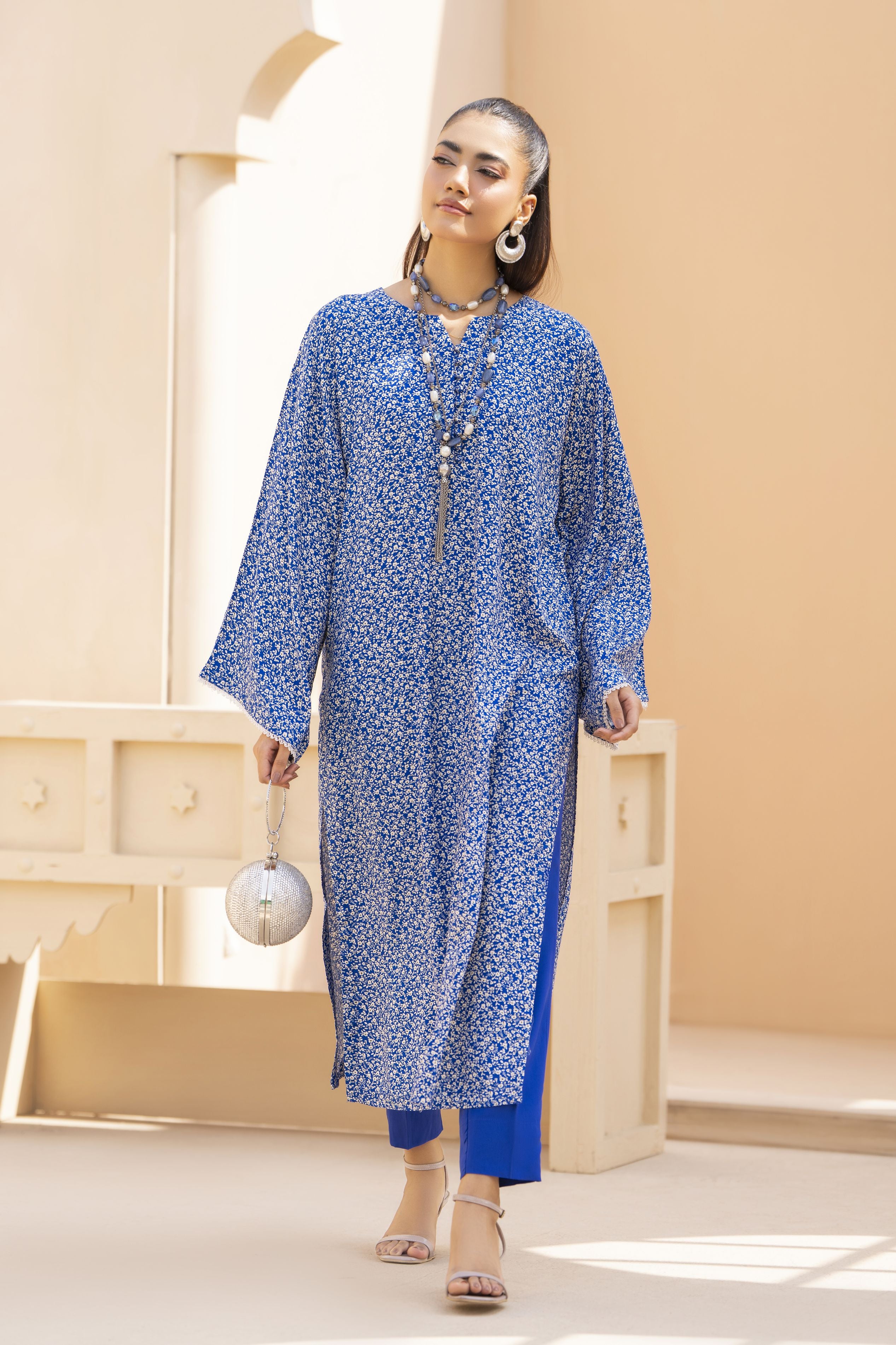 Blue Printed Linen 2pc Ready to Wear Long Dress by Gul Warun LDG7