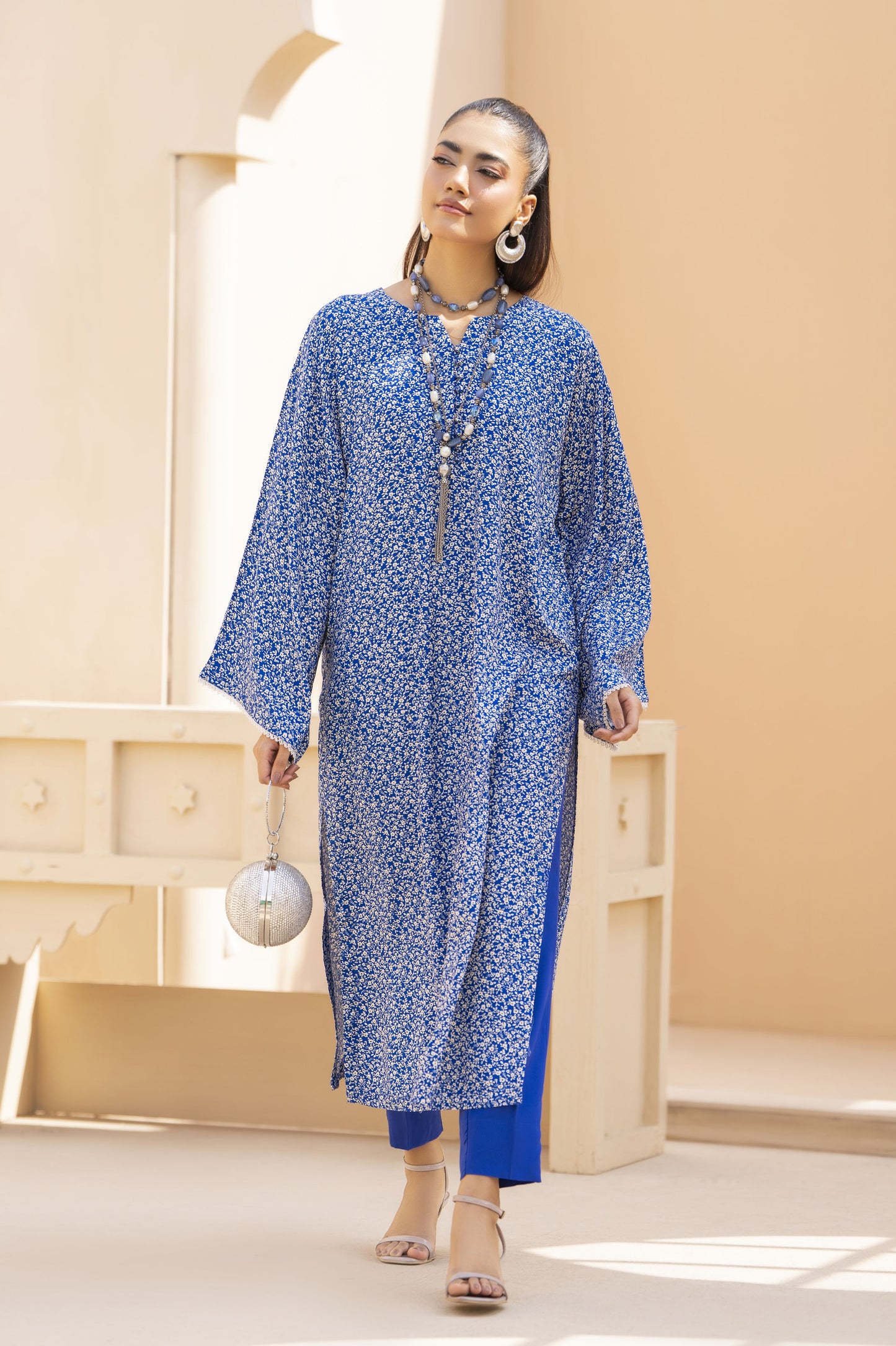 Blue Printed Linen 2pc Ready to Wear Long Dress by Gul Warun LDG7