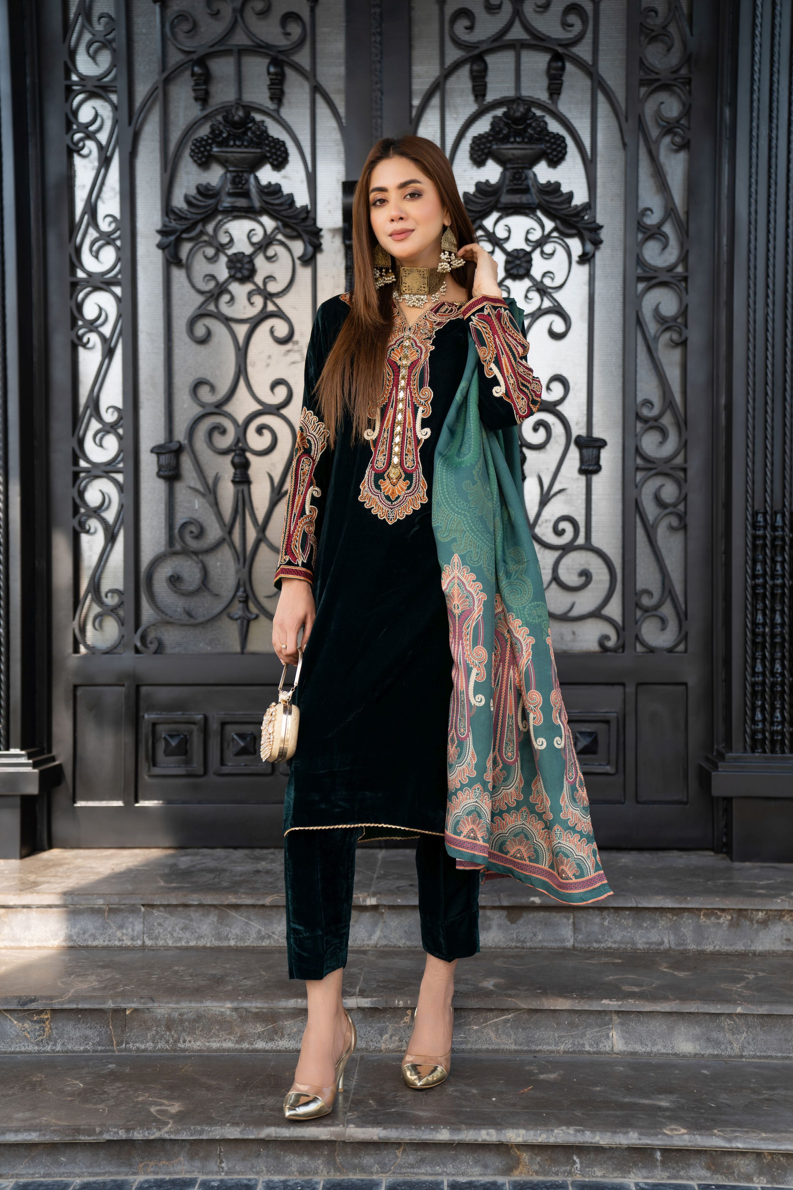Vogue Vistas Velvet Embroidered Dress by Zaiwa ZB7