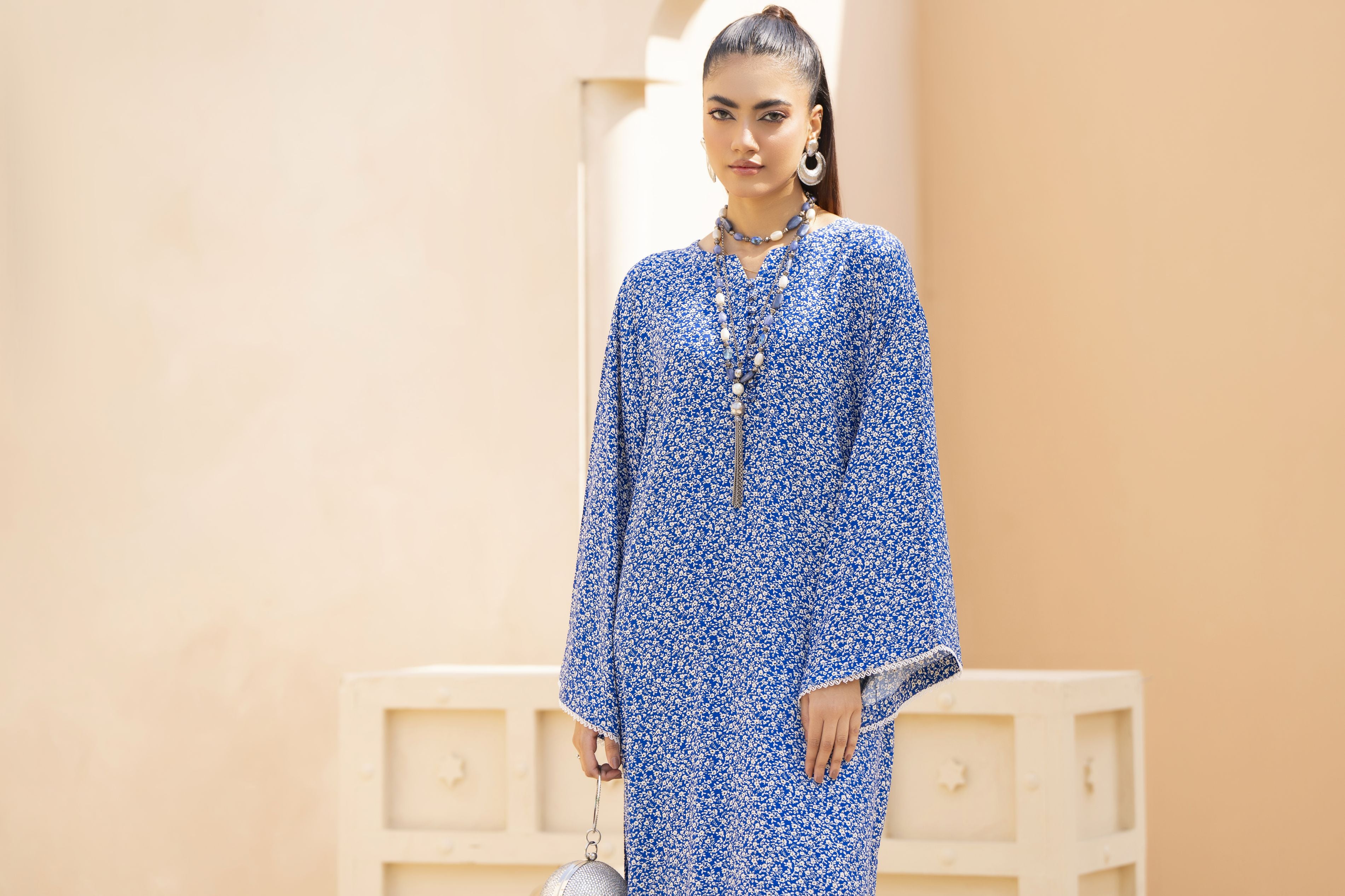 Blue Printed Linen 2pc Ready to Wear Long Dress by Gul Warun LDG7