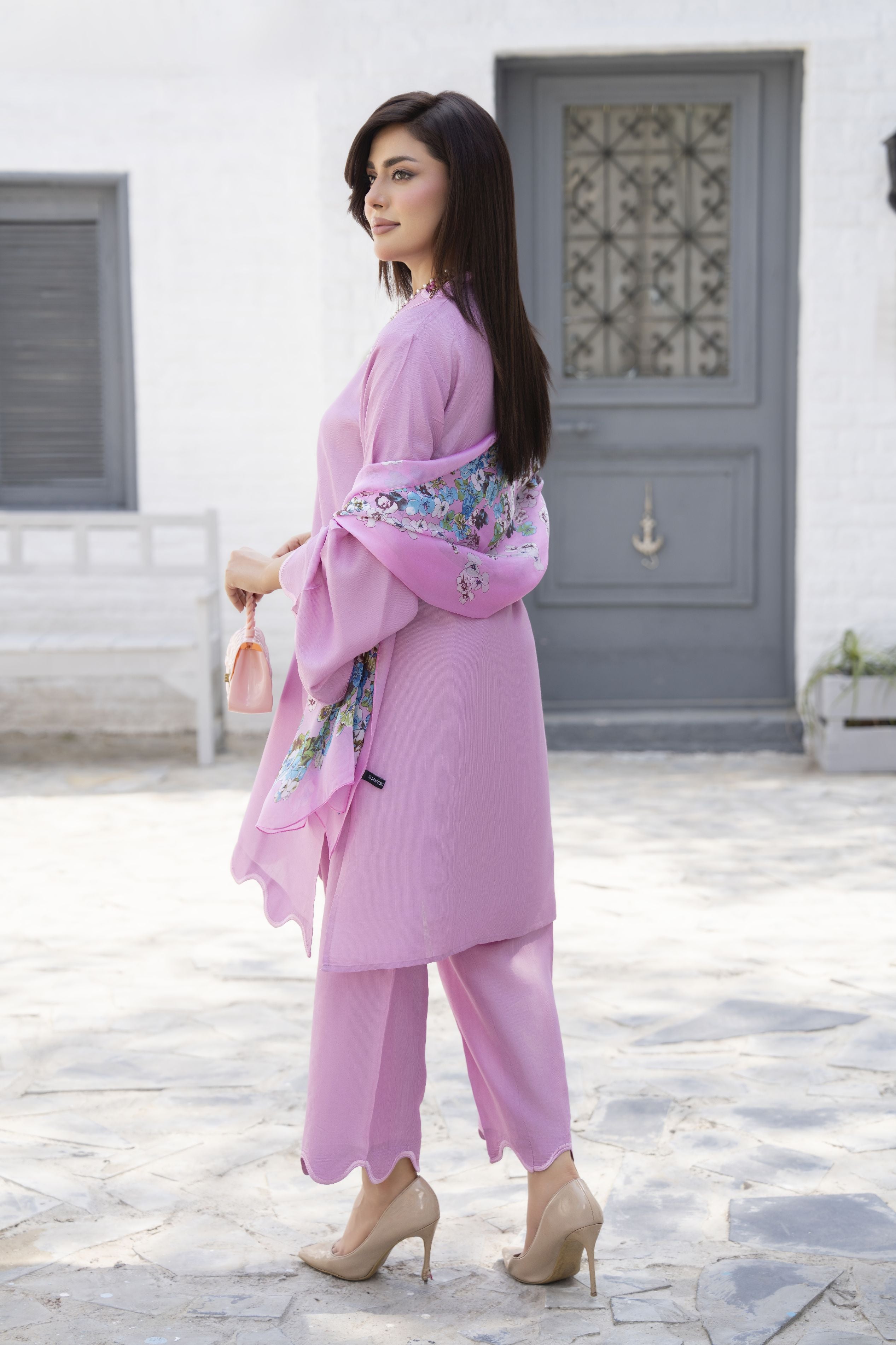 Lilac 3-Piece Poly Raw Silk Suit with Floral Printed Silk Scarf | Essentials by Miski – EBM4