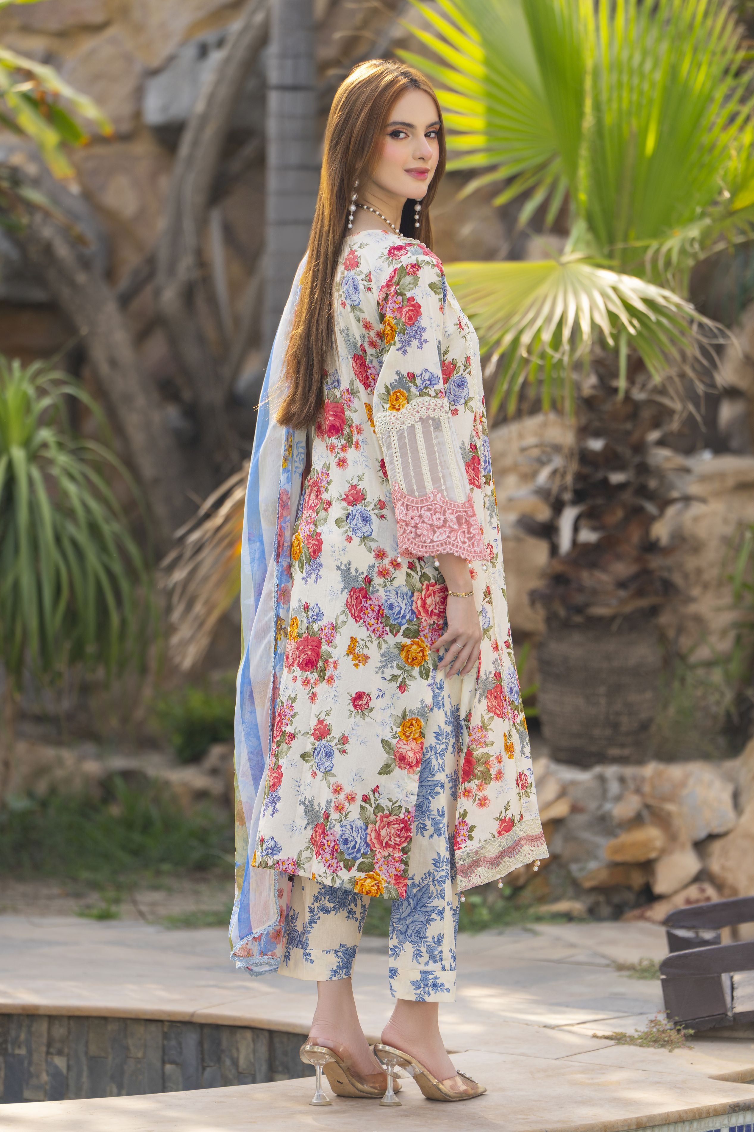 Cream Floral Printed Lawn Suit with Blue Trousers Rangrez by Sakeena Hasan RBS2