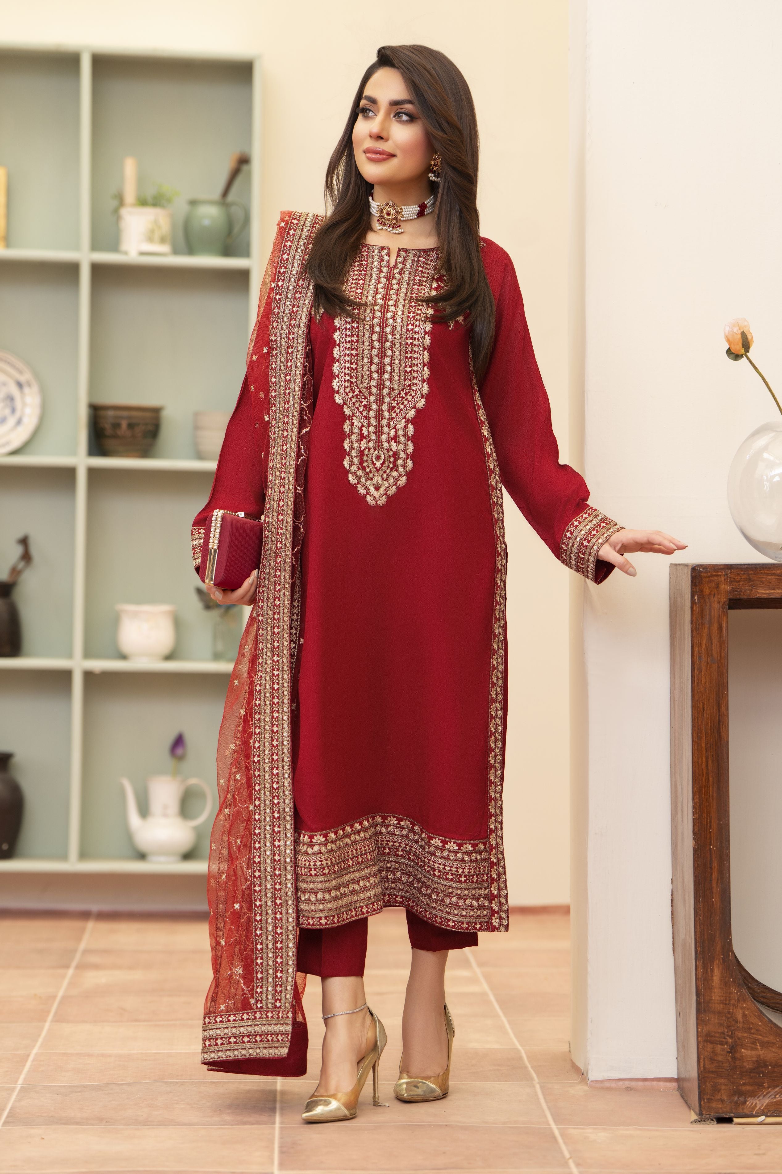 Red Raw Silk 3PC Dress by Bahaar e Gul Warun BGW08