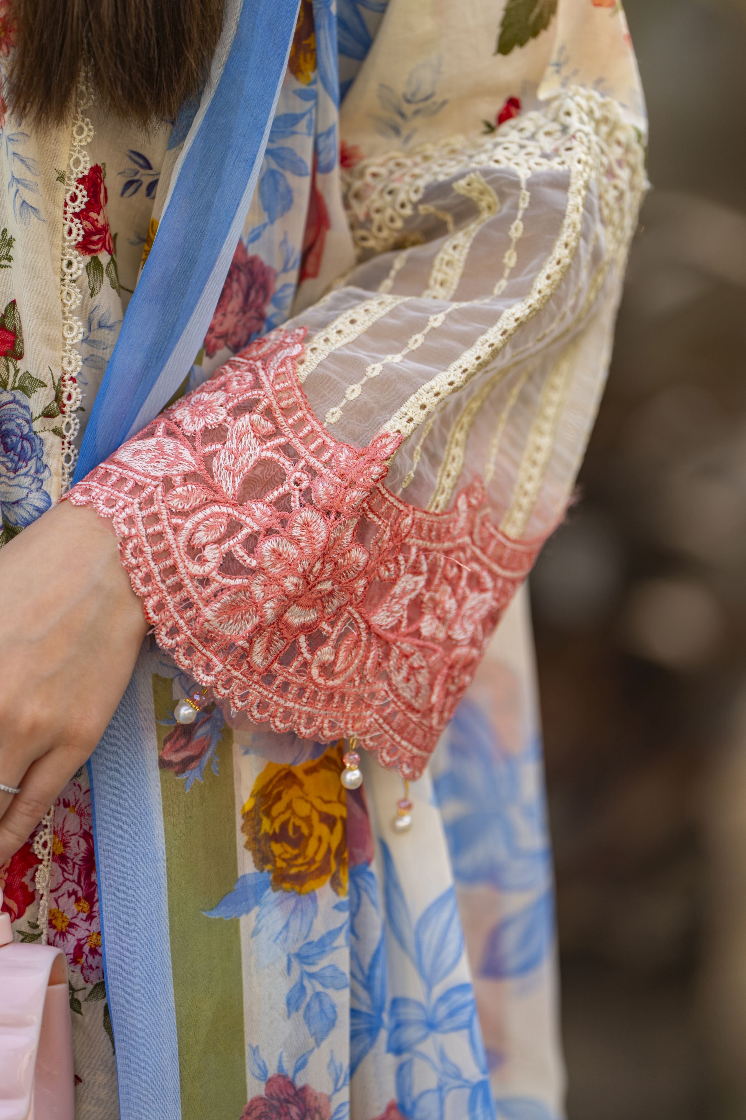 Cream Floral Printed Lawn Suit with Blue Trousers Rangrez by Sakeena Hasan RBS2